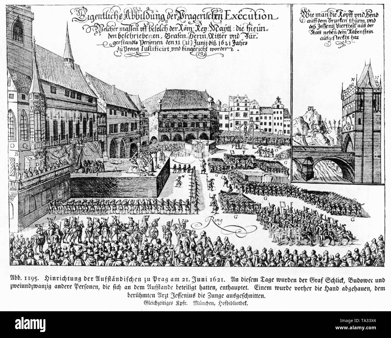 Execution of the Bohemian insurgents at the Old Town Square in Prague. Count Joachim Andreas von Schlick, Wenzel Wilhelm Freiherr Budowecz of Budowa and twenty-two other people, who took part in the uprising, are beheaded. Stock Photo