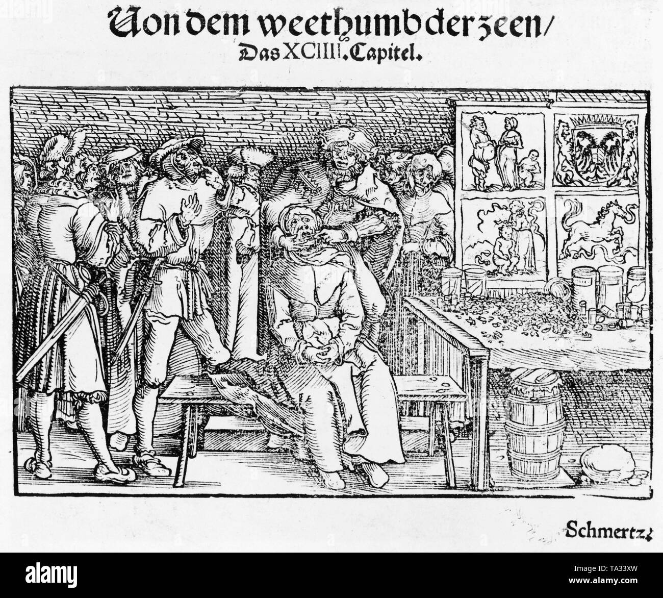 Patient is being treated by a dentist. Above the picture is written:  'Von dem weethumbder zeen/ Das XCIIII. (94.)Capitel.' Undated photo, around 1550. Stock Photo