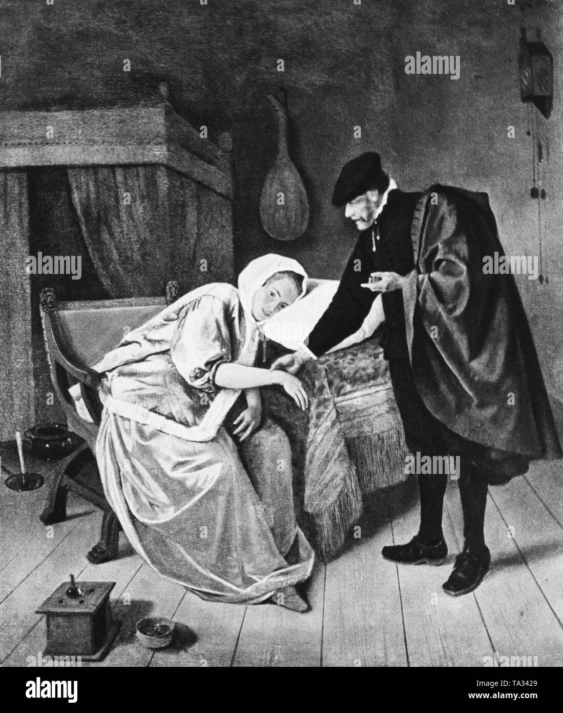 Sick woman is being examined by a doctor. The drawing is made by the Dutch painter Jan Steen. Undated photo, around 1626-1679. Stock Photo