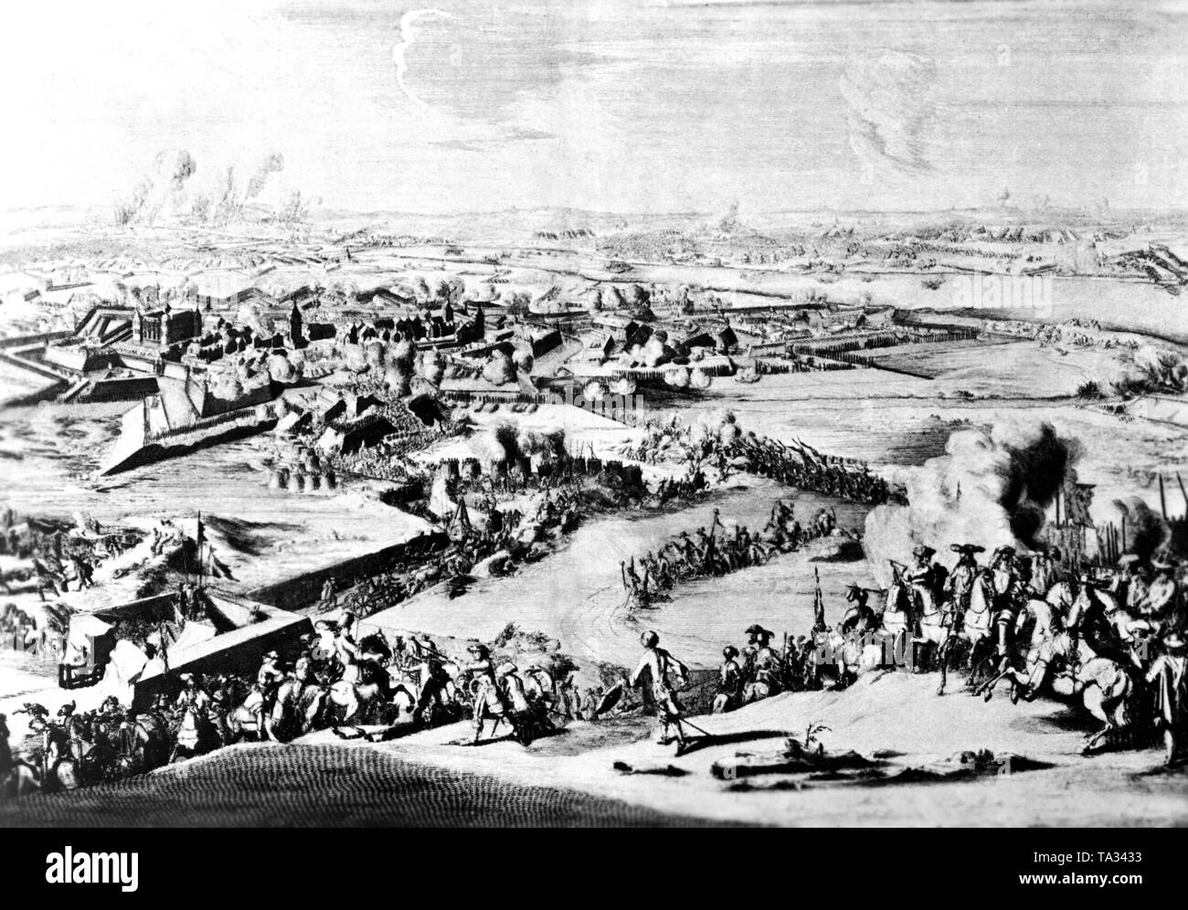 The Palatine War of Succession (1688-1697), - often called the War of the Grand Alliance or the War of the League of Augsburg,  Nine Years' War, was a conflict provoked by the French King Louis XIV to gain the recognition of the Holy Roman Empire of his acquisitions as part of the Reunion policy. The first war aim was the city and fortress of Philippsburg in the Palatinate. The contemporary copper engraving by Romanus de Hooghe shows the siege and destruction of the city by French troops. Stock Photo