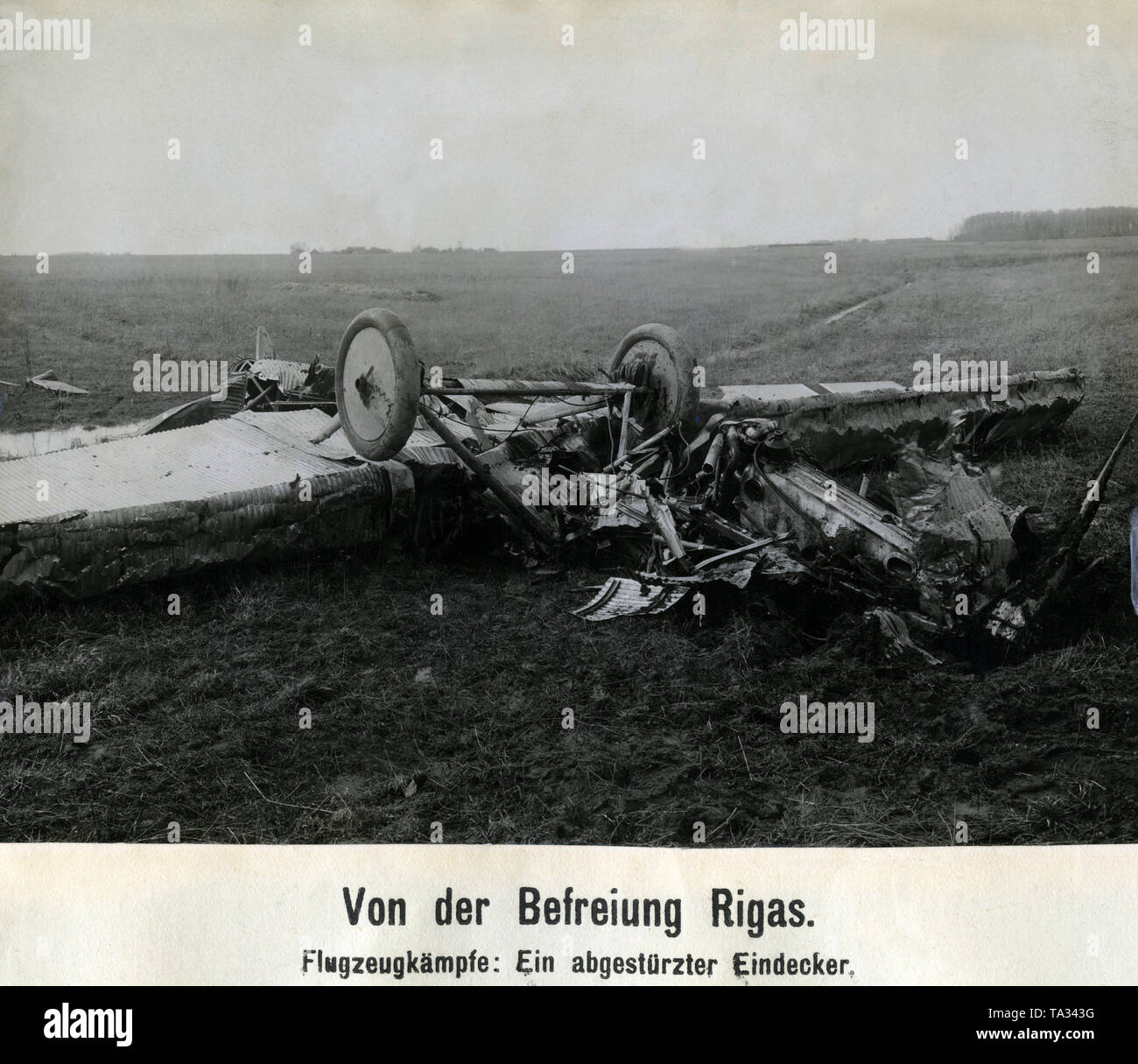 A monoplane crashed during the conquest of Riga by German-Baltic troops. Aerial battles were part of the most important battles in the Baltic Wars of Independence. Stock Photo