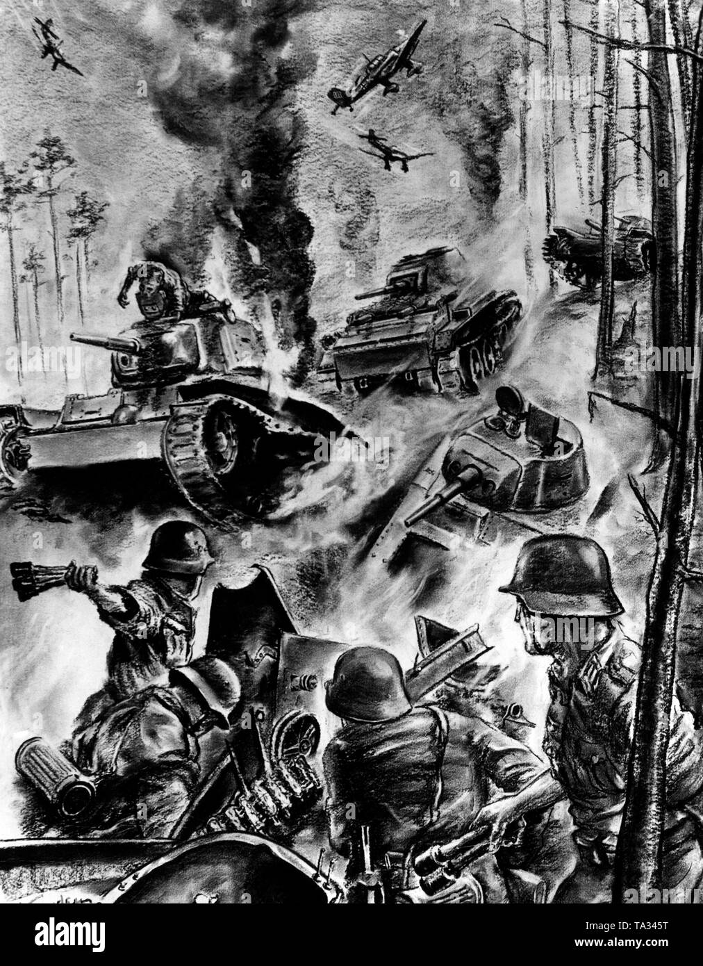 This drawing served the purpose of an anti-Soviet propaganda. It was supposed to illustrate how German infantrymen stopped Soviet tanks with missiles. PK drawing: war correspondent Knud Knudsen Stock Photo