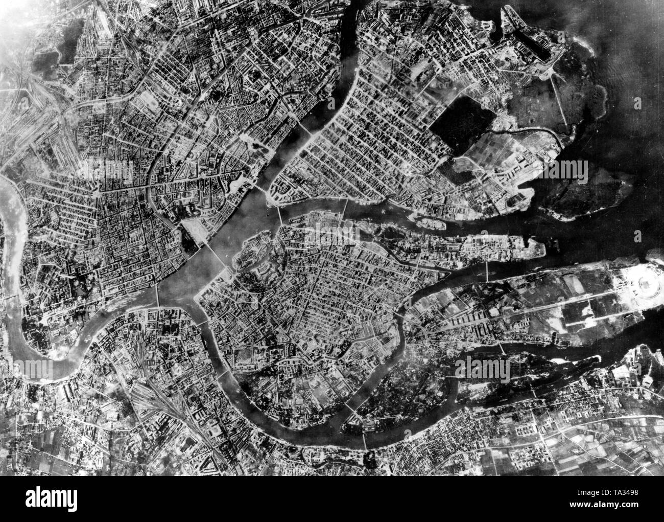 Photo of Leningrad (St. Petersburg) taken from of a reconnaissance aircraft of the Luftwaffe. Stock Photo