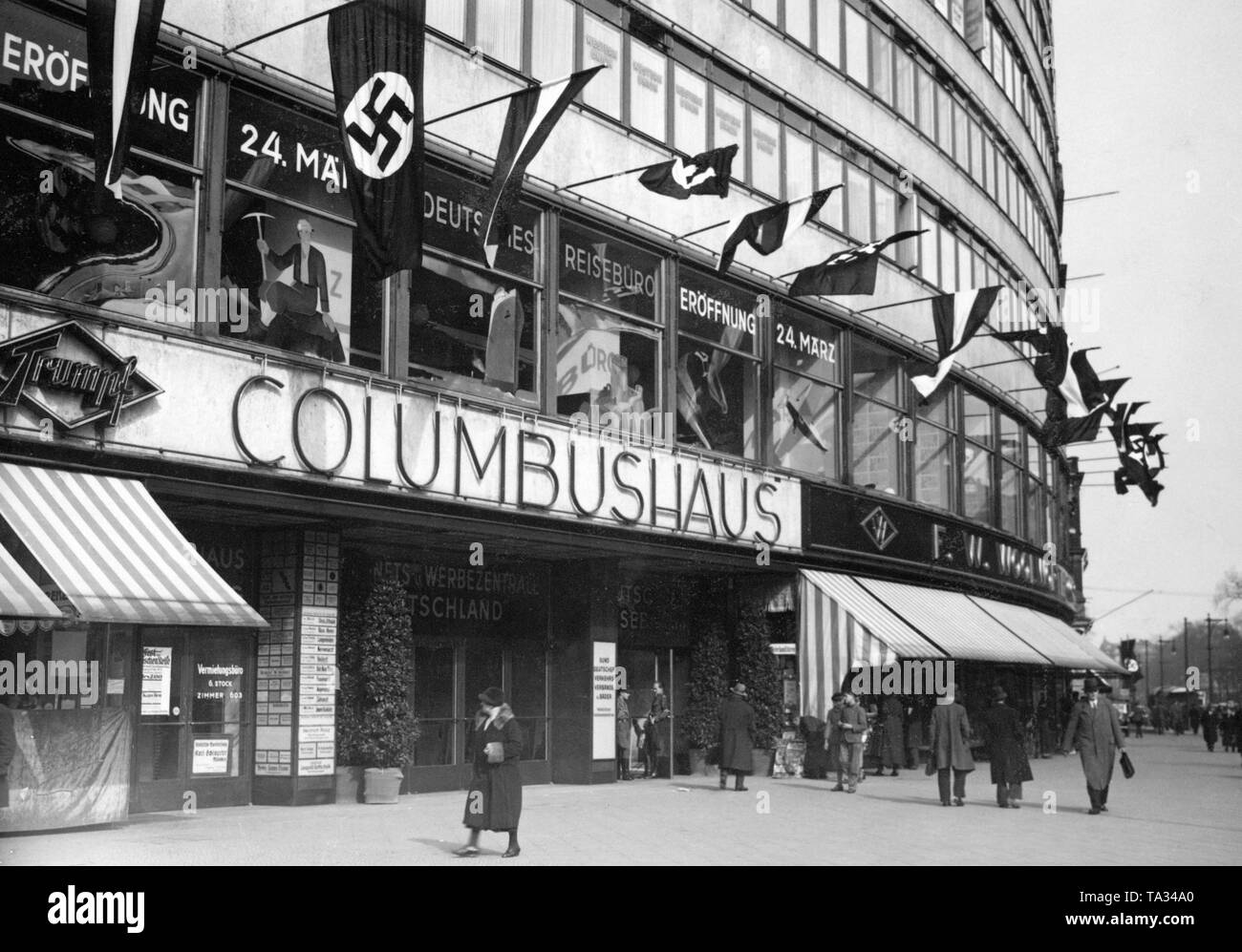 The commercial building Columbushaus at Potsdamer Platz in Berlin. The architect of the building was Erich Mendelsohn. In 1932 a shop was leased to the department store Woolworth. The office and shopping building was the first in the country to have an artificial ventilation system. In the wake of the popular uprising on 17 June 1953, the building was burnt down. Stock Photo