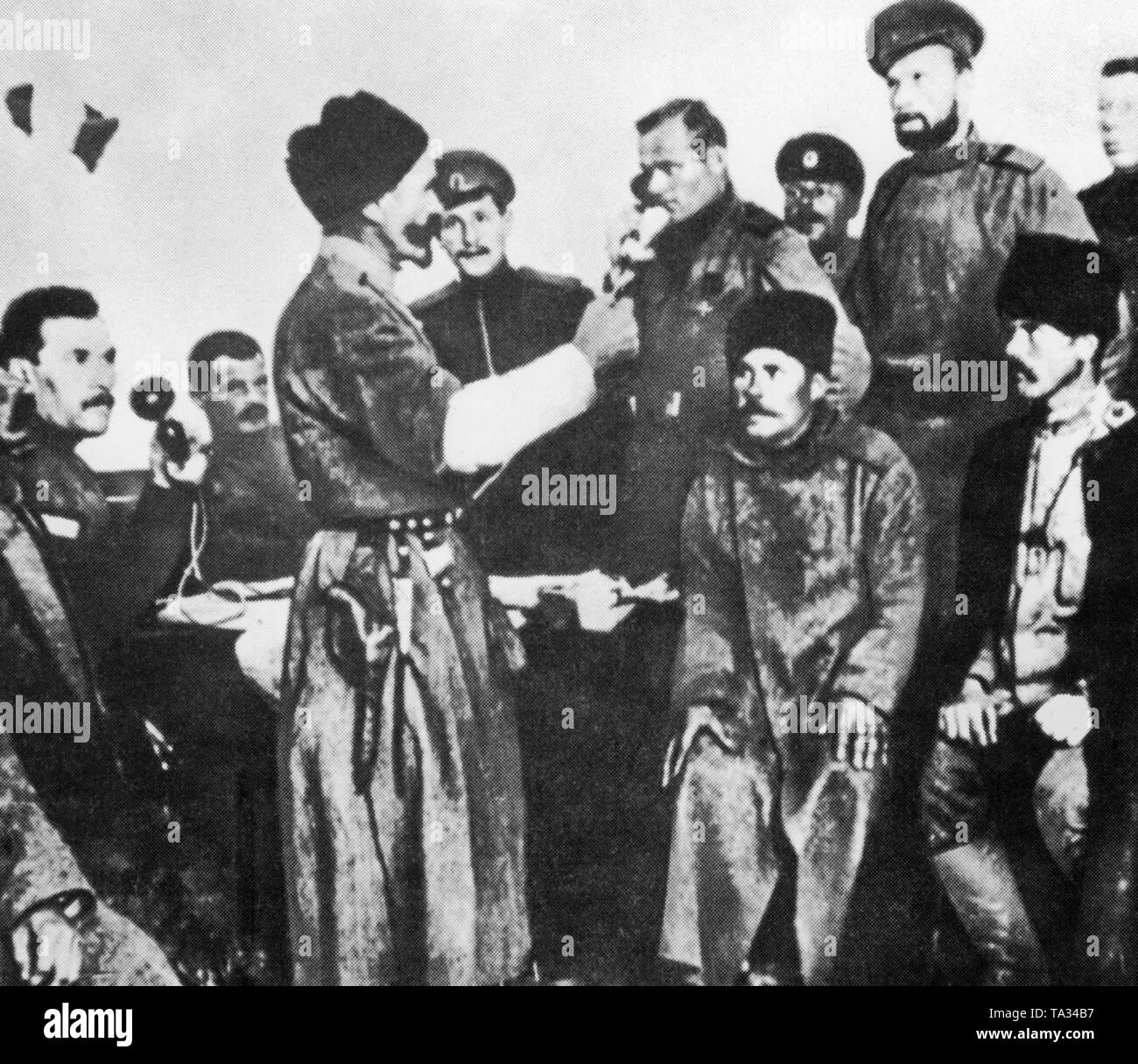 Fraternization of the Kornilov troops with delegates of the revolutionary Petrograd Division. General Lawr Georgyevich Kornilov was commander-in-chief of the Russian armed forces of the Kerensky government on July 20, 1917, and rioted against the provisional government between September 9 and 17. Stock Photo