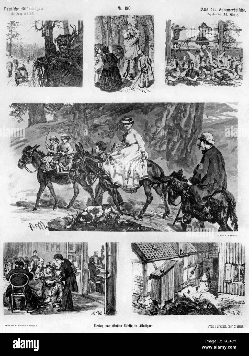 The drawing was made by the painter Adolph von Menzel and published in the magazine 'Sommerfrische'. It depicts various scenes of society. In the middle, the journey of a young woman. Undated photo from around 1900. Stock Photo