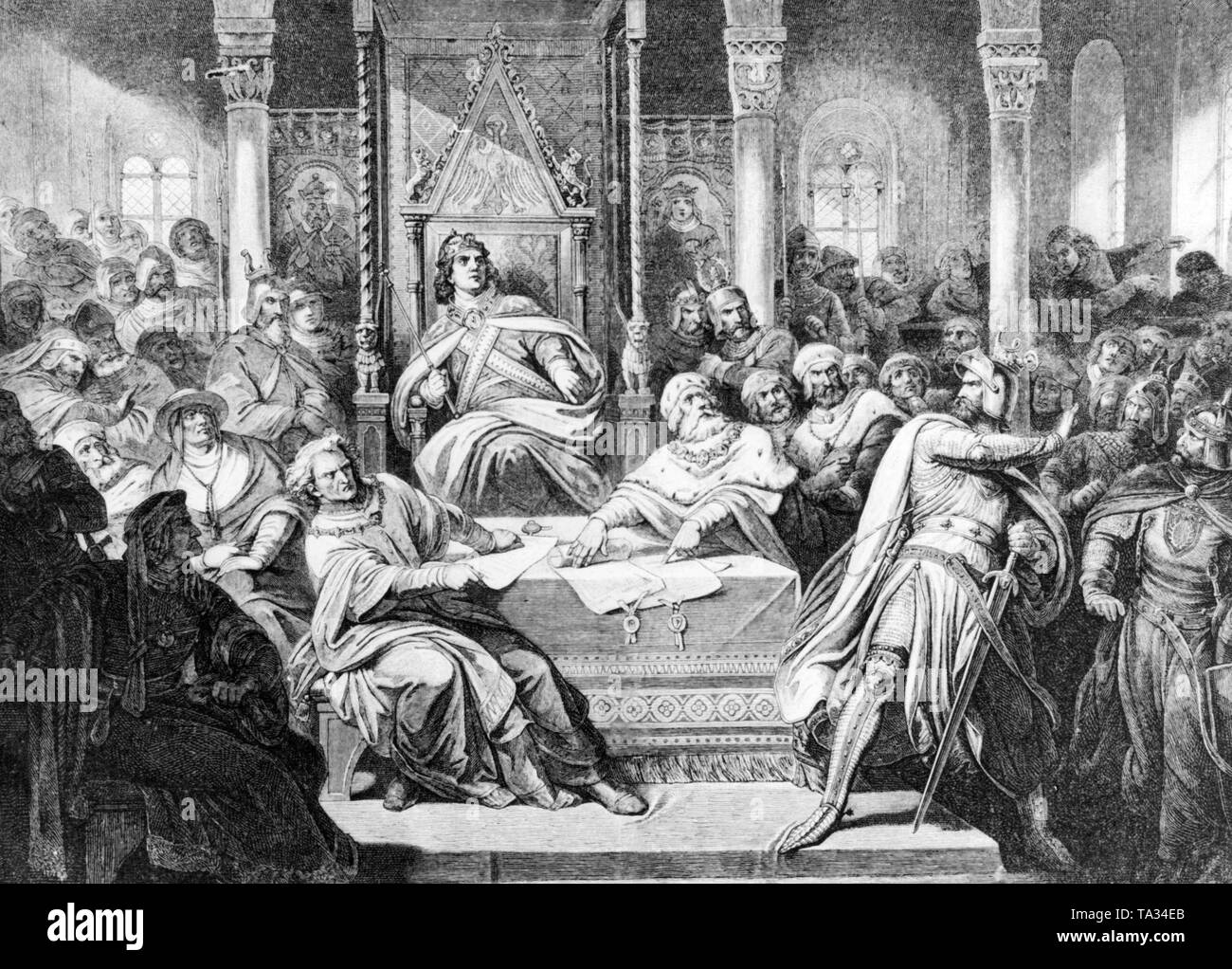 King Henry VII on the Reichstag (imperial diet), actually Hoftag (court council), at Speyer. The drawing depicts the defense speech of Count Eberhard of Wurttemberg called Illustrious, before the King. The subject of the speech was Eberhard's indictments concerning the pillage of the Swabian imperial cities. Stock Photo