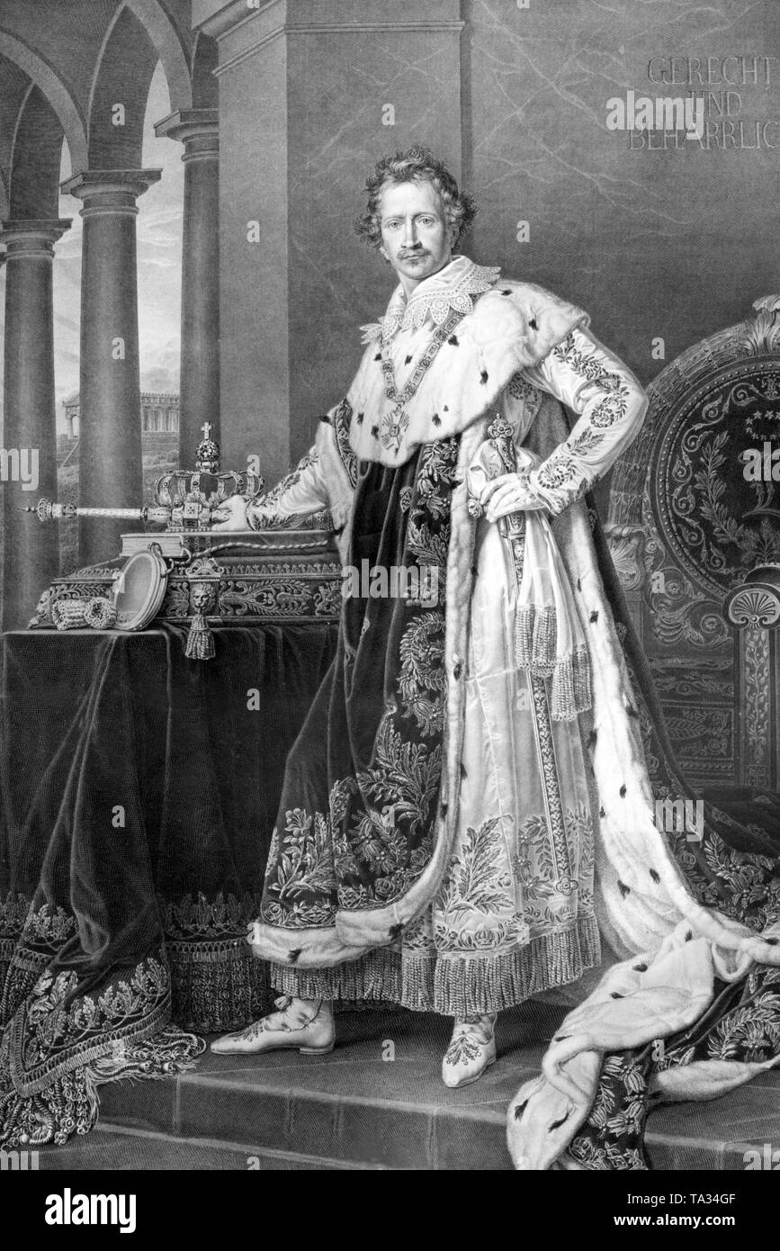 This photograph shows King Ludwig I of Bavaria in coronation robes.  King Ludwig I wears the Order of St. Hubert, the house order of the Wittelsbach, one of the four royal Bavarian orders. On the front is shown the story of the conversion of Saint Hubert. Beside Ludwig I, Maximilian I Joseph, Maximilian II Joseph, Prince Regent Luitpold and King Ludwig III, were also members of the order. After the revolution of July 1830 in Paris, King Louis I conducted a reactionary, restrictive policy, he reinstated the censorship and eliminated the freedom of the press. Stock Photo