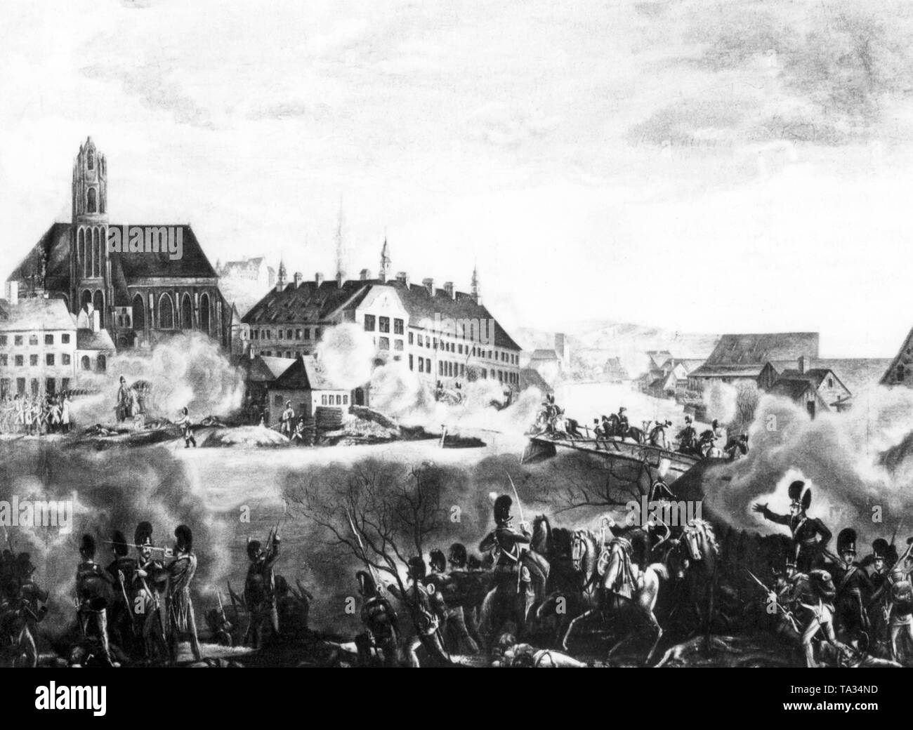 Storming of the Inner Isar Bridge in Landshut by French-Bavarian troops in 1809. Oil painting by an unknown artist. Stock Photo