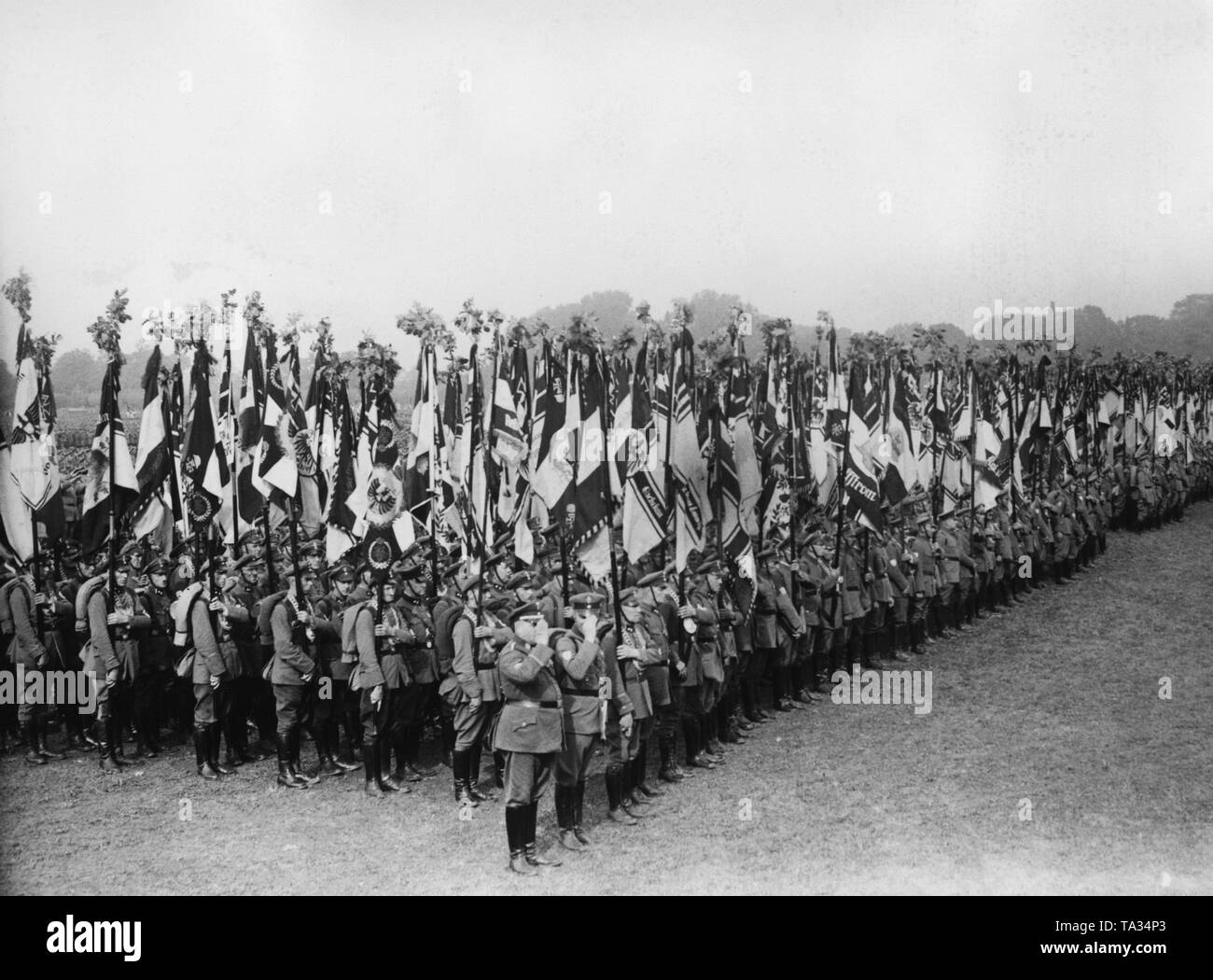 About 5000 flagbearers were deployed at a roll call of the Reichsfuehrer (federal leader) of the Stahlhelm at the Maschsee in Hanover. Stock Photo
