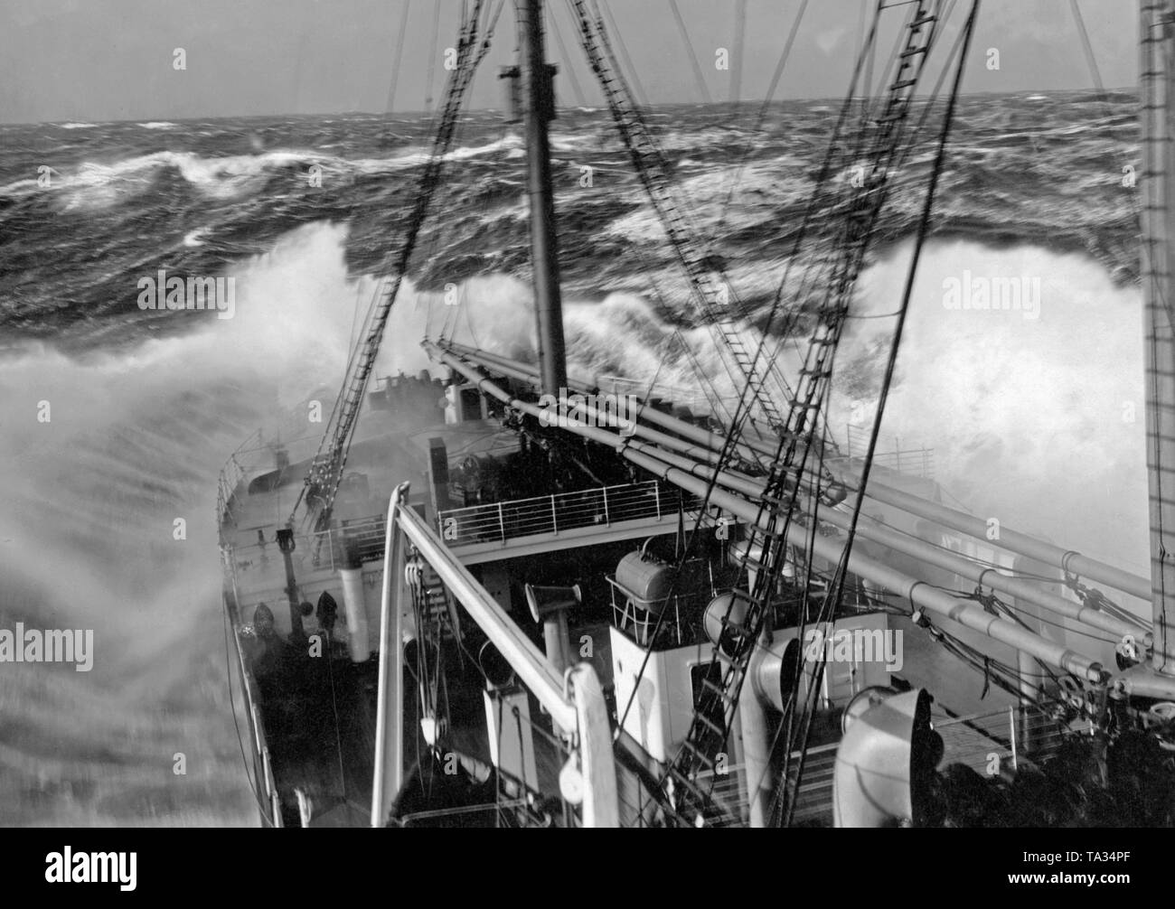 Bow of a ship in heavy seas at wind force 10. Stock Photo