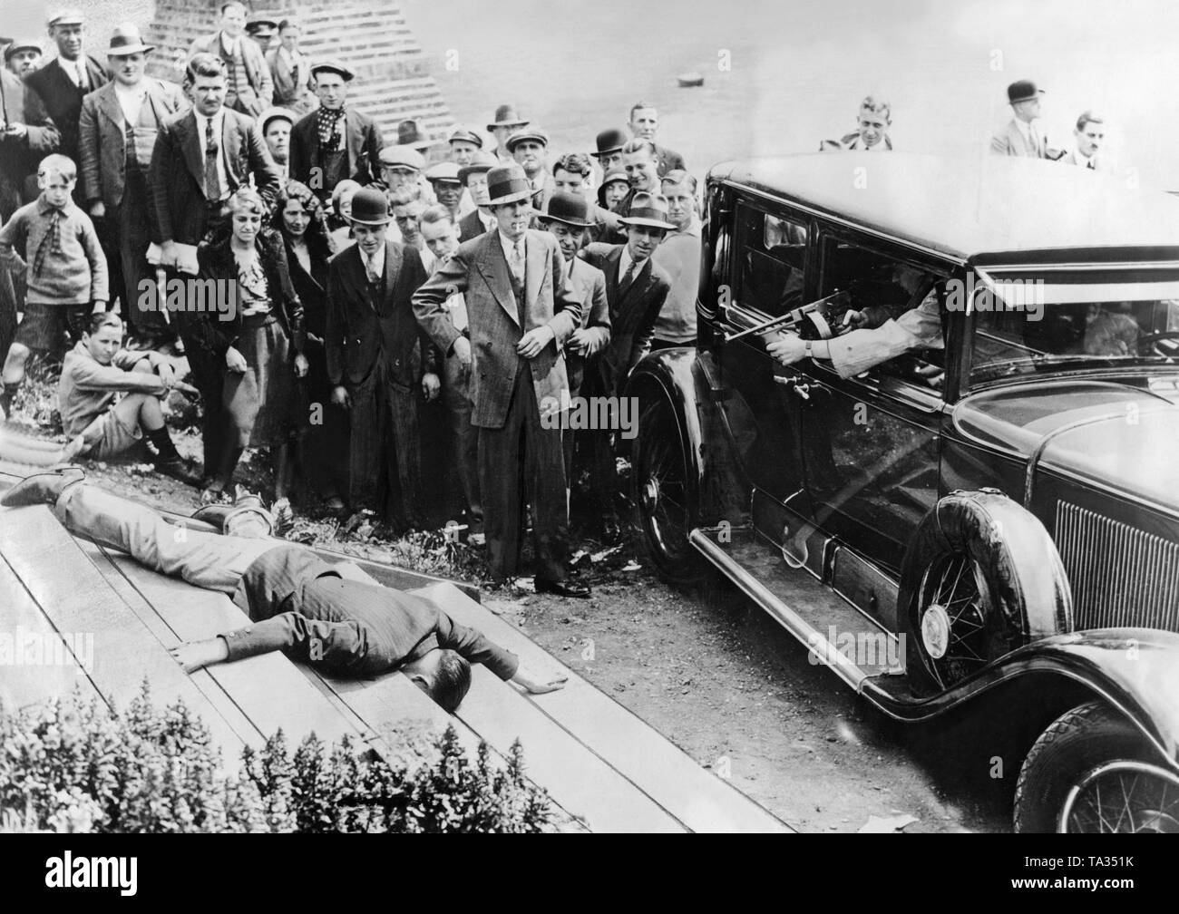 The police presents the Cadillac 341 Town Sedan of the American crime boss Al Capone in London. The Cadillac is one of the first armored cars, Capone had it equipped with bullet-proof glass and reinforced doors. Stock Photo