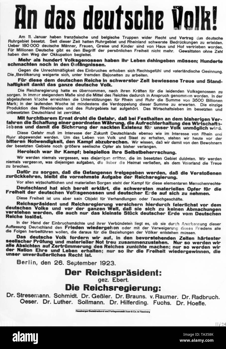 More than eight months after the commencement of the occupation, the government under President Friedrich Ebert and Reich Chancellor Gustav Stresemann, continued to persuade people to hang on. It is being referred to the heroic struggle of the Ruhr Germans and the atrocities of the occupiers. Stock Photo