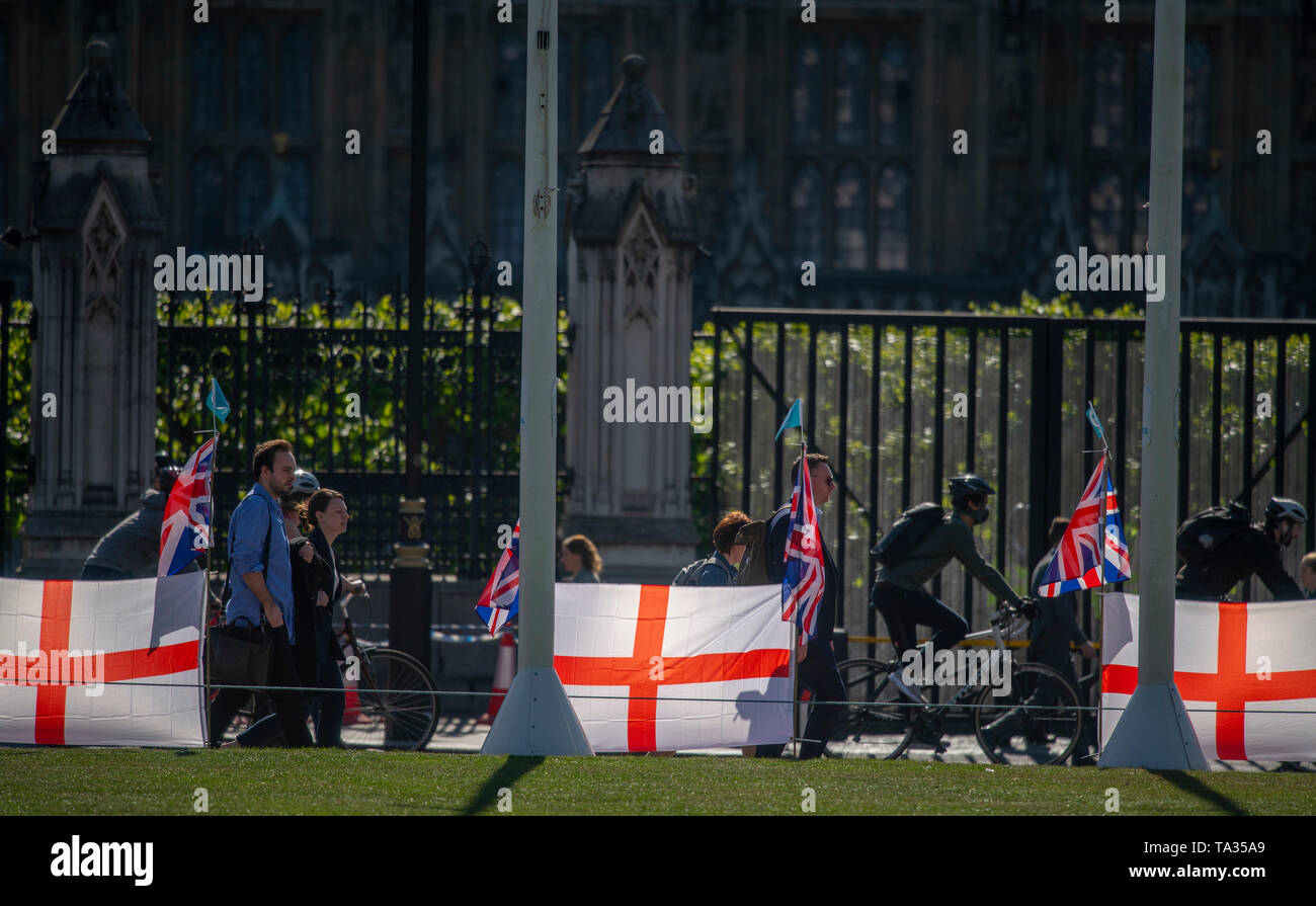 Brexit Party stickers and national flags line Parliament Square on 21st May 2019, before the EU MEP elections on May 23rd. Credit: Malcolm Park/Alamy. Stock Photo