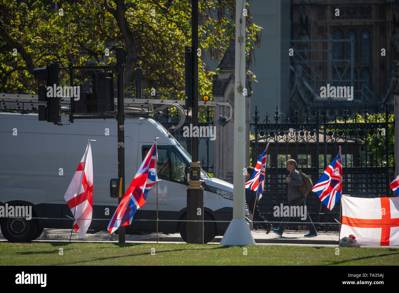 Brexit Party stickers and national flags line Parliament Square on 21st May 2019, before the EU MEP elections on May 23rd. Credit: Malcolm Park/Alamy. Stock Photo