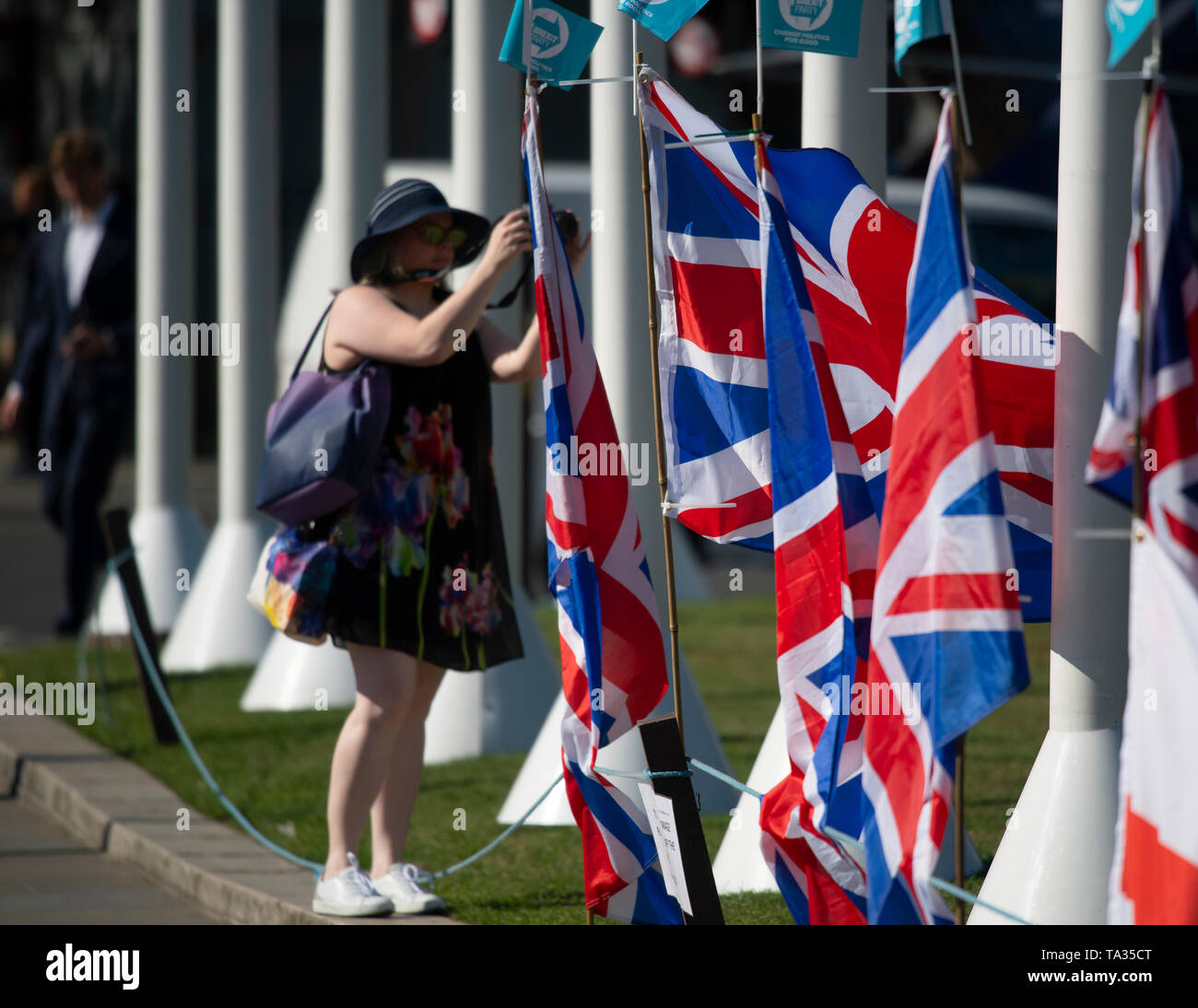 Brexit Party stickers and national flags line Parliament Square on 21st May 2019, before the EU MEP elections on May 23rd. Credit: Malcolm Park/Alamy. Stock Photo