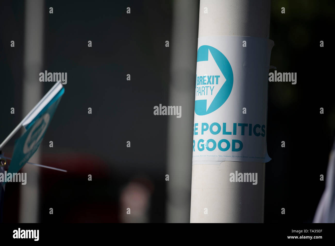 Brexit Party stickers and national flags line Parliament Square on 21st May 2019, before the EU MEP elections on May 23rd. Credit: Malcolm Park/Alamy. Stock Photo