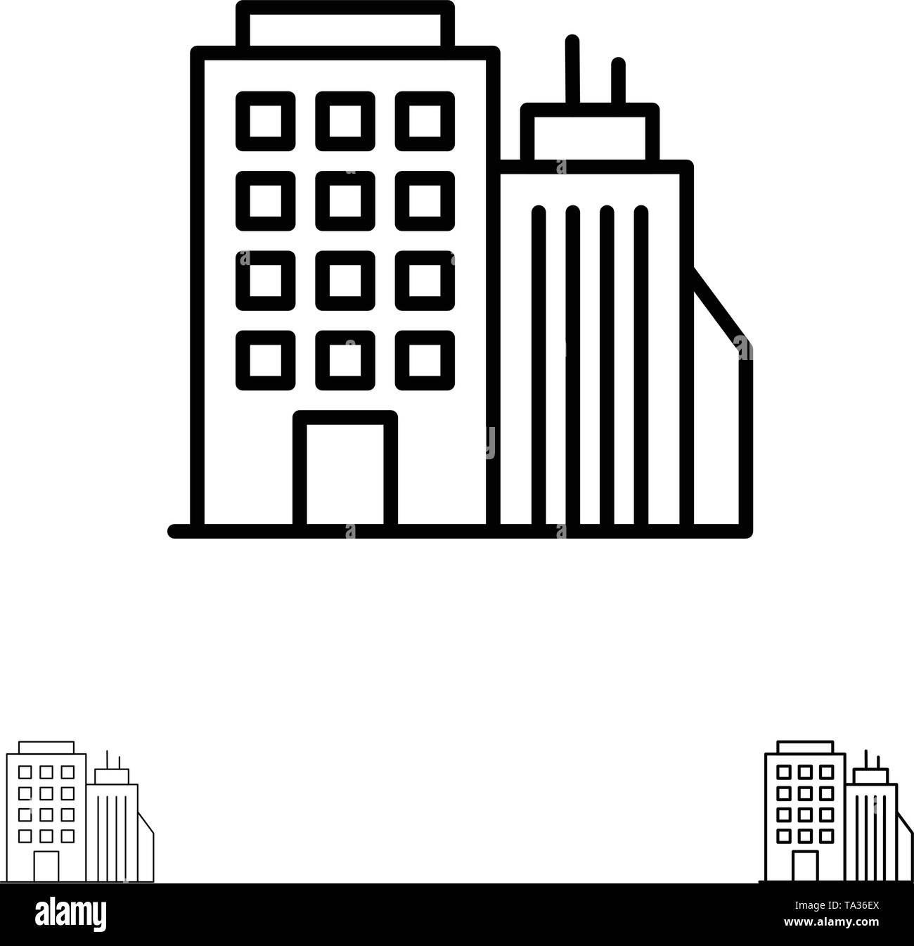 Building, Office, Tower, Head office Bold and thin black line icon set