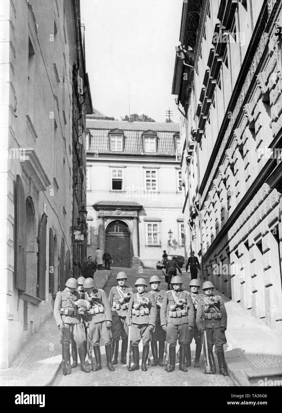 Due to the Sudetenland crisis, the building of the German Embassy is guarded by the Czechoslovak Army. Since the seizure of power by the National Socialists in Germany, the conflicts between the Sudeten German minority and the Czechoslovaks had intensified. Stock Photo