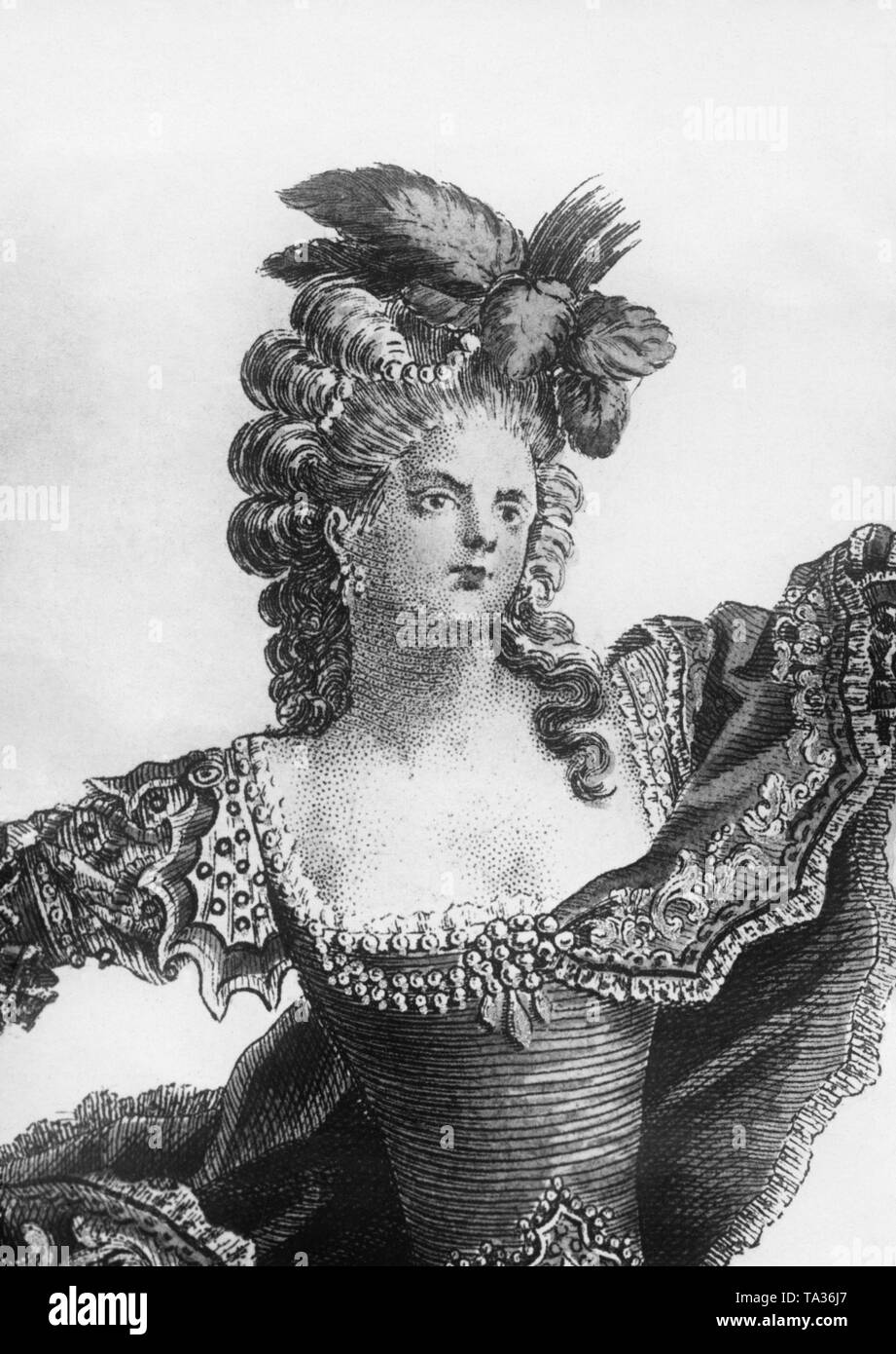 Woman with contemporary hair fashion of the 18th century. The high wig is decorated with pearls and feathers. Stock Photo