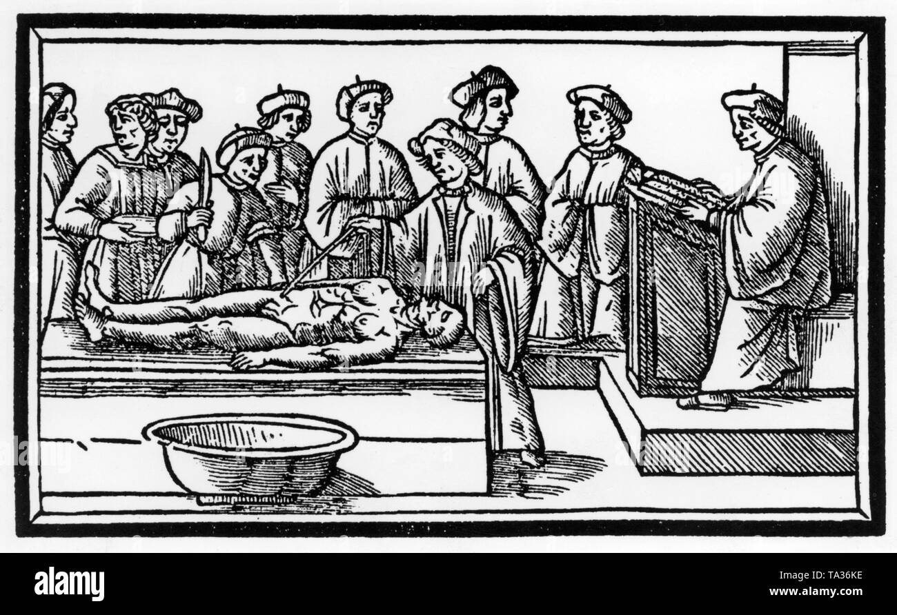 The woodcut illustrates an anatomy class at the University of Bologna. Stock Photo