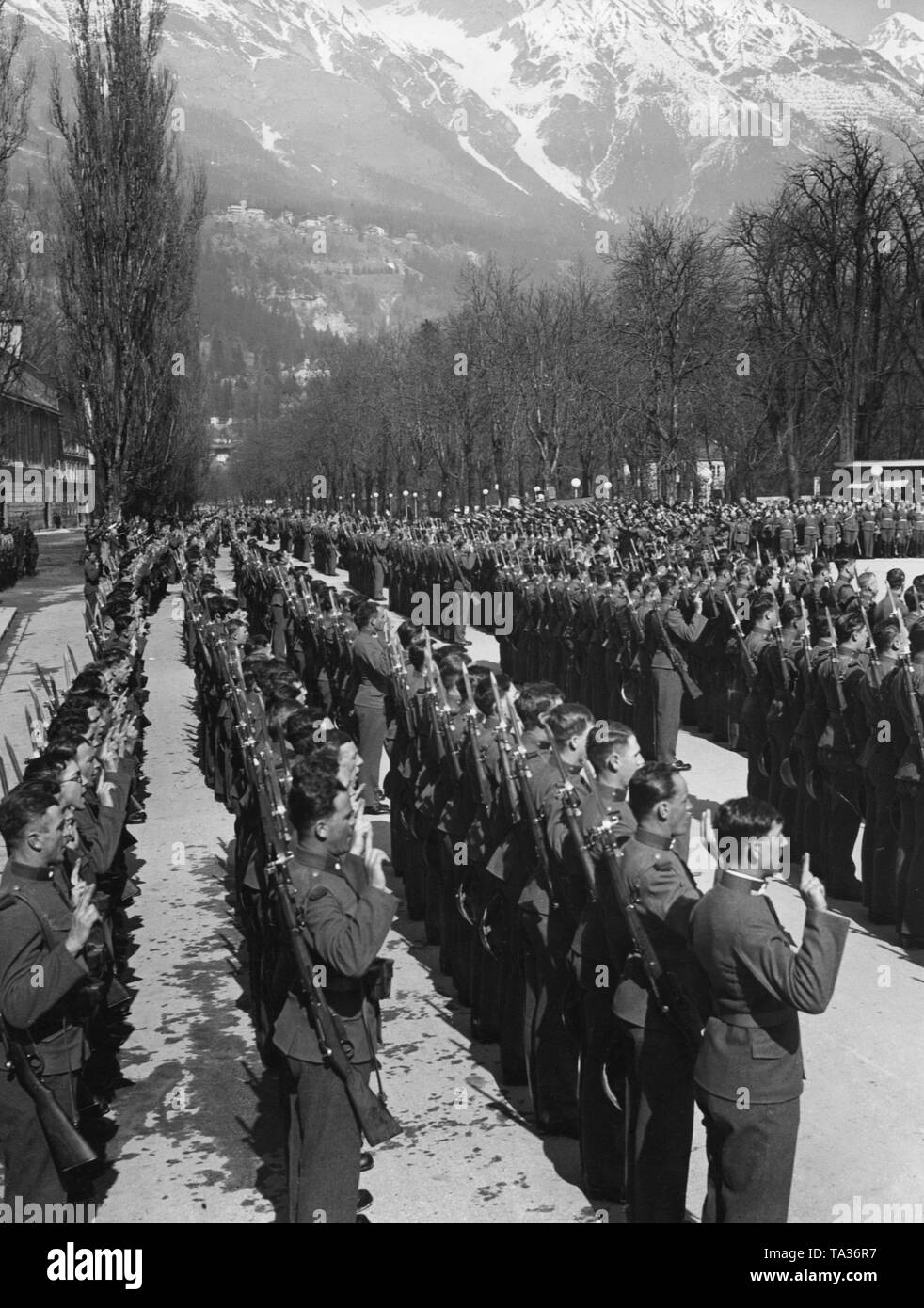 After the annexation of Austria to the German Reich, the Tiroler Jaeger-Regiment is sworn in to Adolf Hitler. Stock Photo
