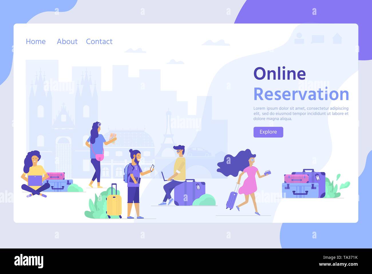Young people with phone map and - Young People With Phone Map And Baggage Travel And Tourism Concept For Website Template Online Booking Reservation Landing Page Banner Flight Ti TA371K 