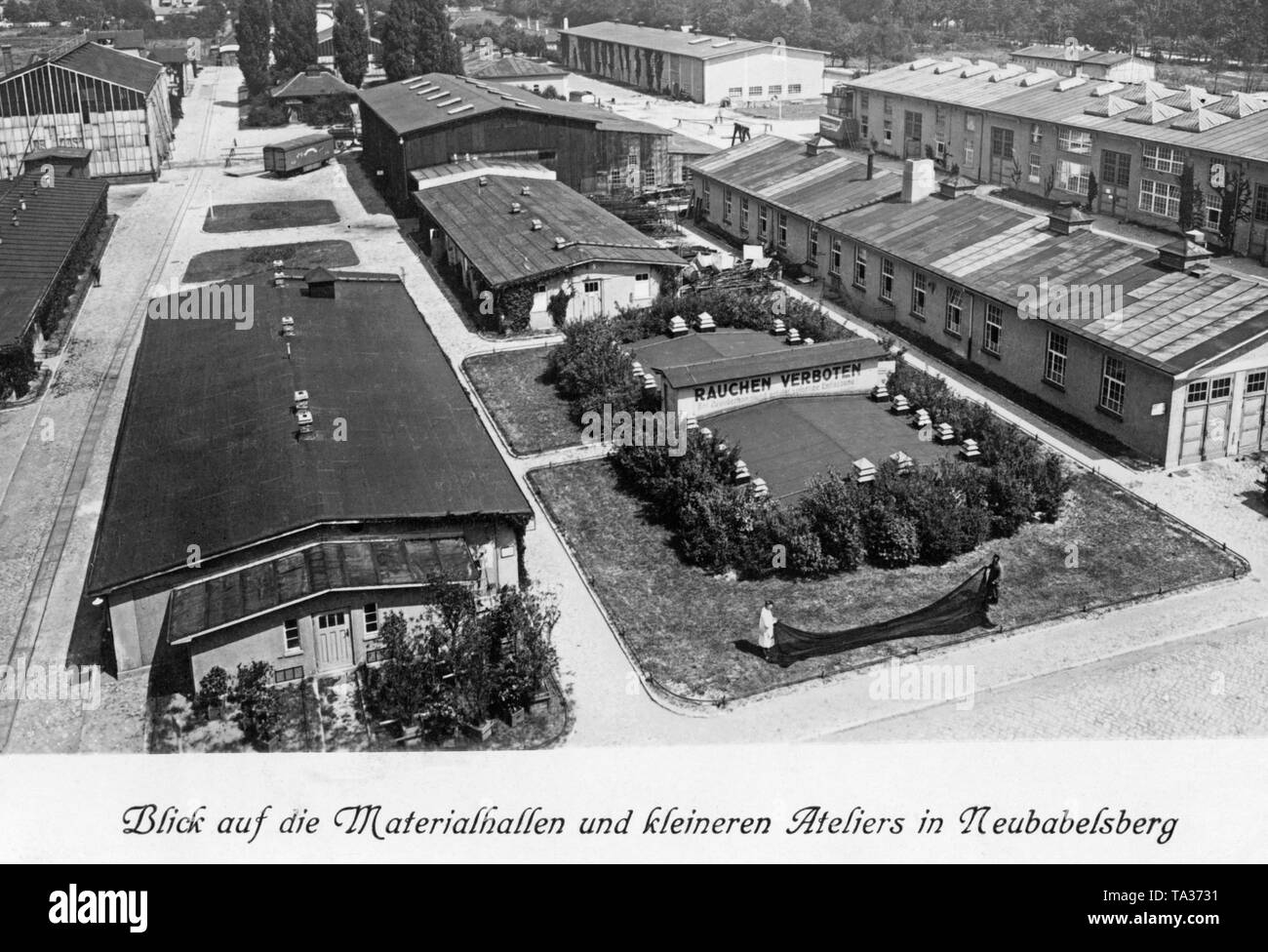 This photograph shows the material halls and smaller studios on the UFA site in Neubabelsberg. Stock Photo