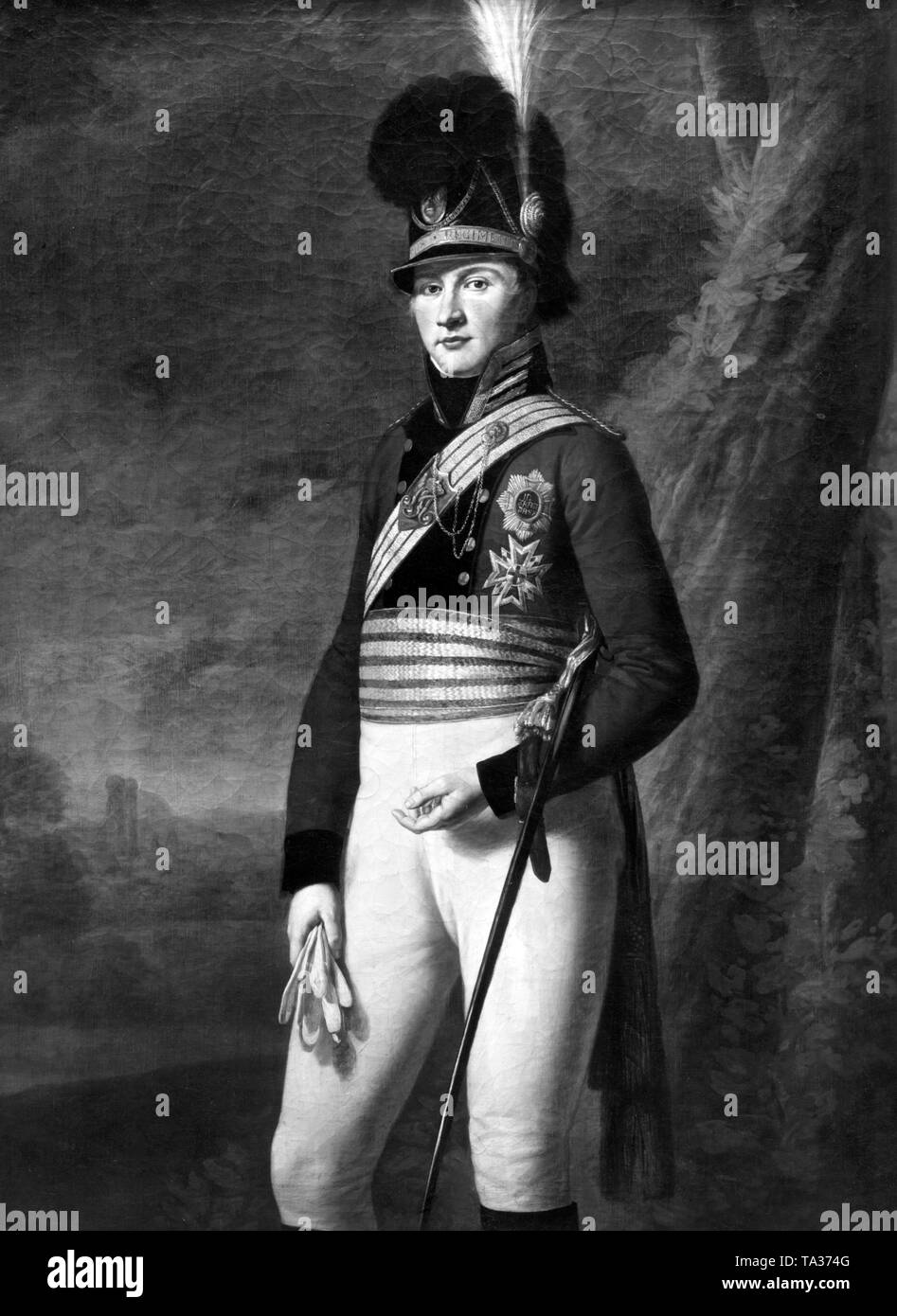 This painting by Franz Kobell shows the then crown prince Ludwig I of Bavaria in uniform. The painting was probably made at the beginning of the 19th century. After the revolution of July 1830 in Paris, King Louis I conducted a reactionary, restrictive policy, he reinstated the censorship and eliminated the freedom of the press. Stock Photo