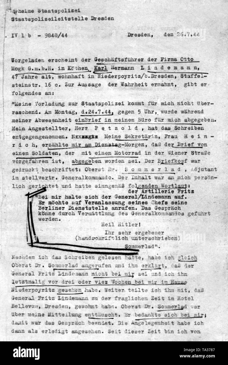 Interrogation protocol of entrepreneur Otto Mogk from Dresden regarding the search for Fritz Lindemann, general of the artillery and participant in the assassination attempt of July the 20th, 1944th Stock Photo