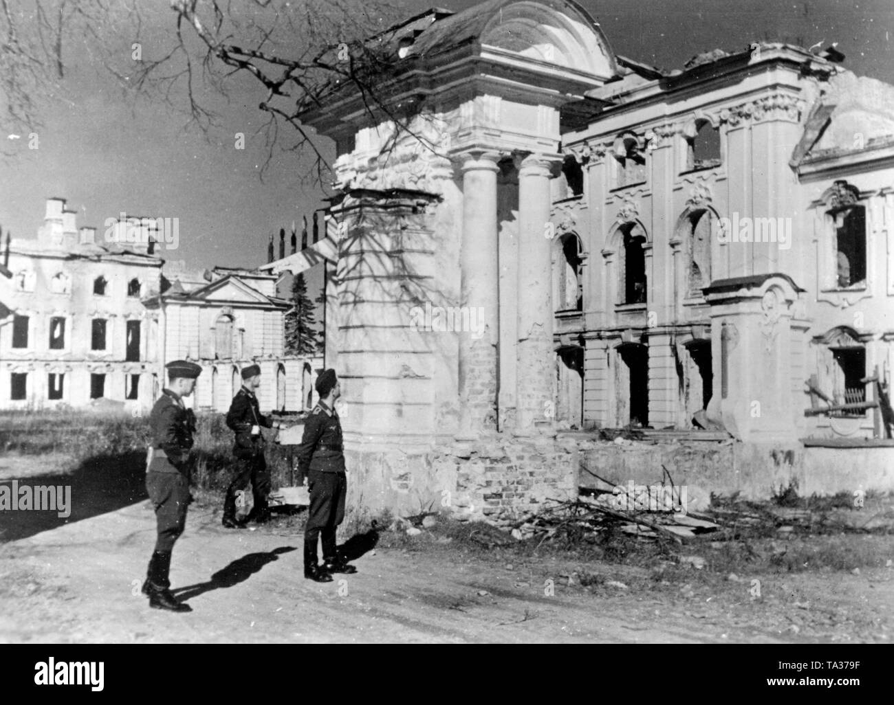 German soldiers stand in front of buildings of the badly damaged Peterhof (Photo of the Propaganda Company (PK)). Stock Photo