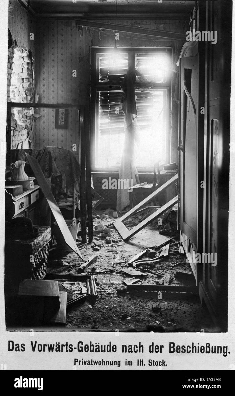 During the January uprising, there were armed conflicts between left-wing revolutionaries and government-loyal Freikorps units in the Berlin Zeitungsviertel (newspaper quarter). Private homes were also affected by the fights. Here, a devastated private apartment on the third floor of the 'Vorwaerts building'. Stock Photo