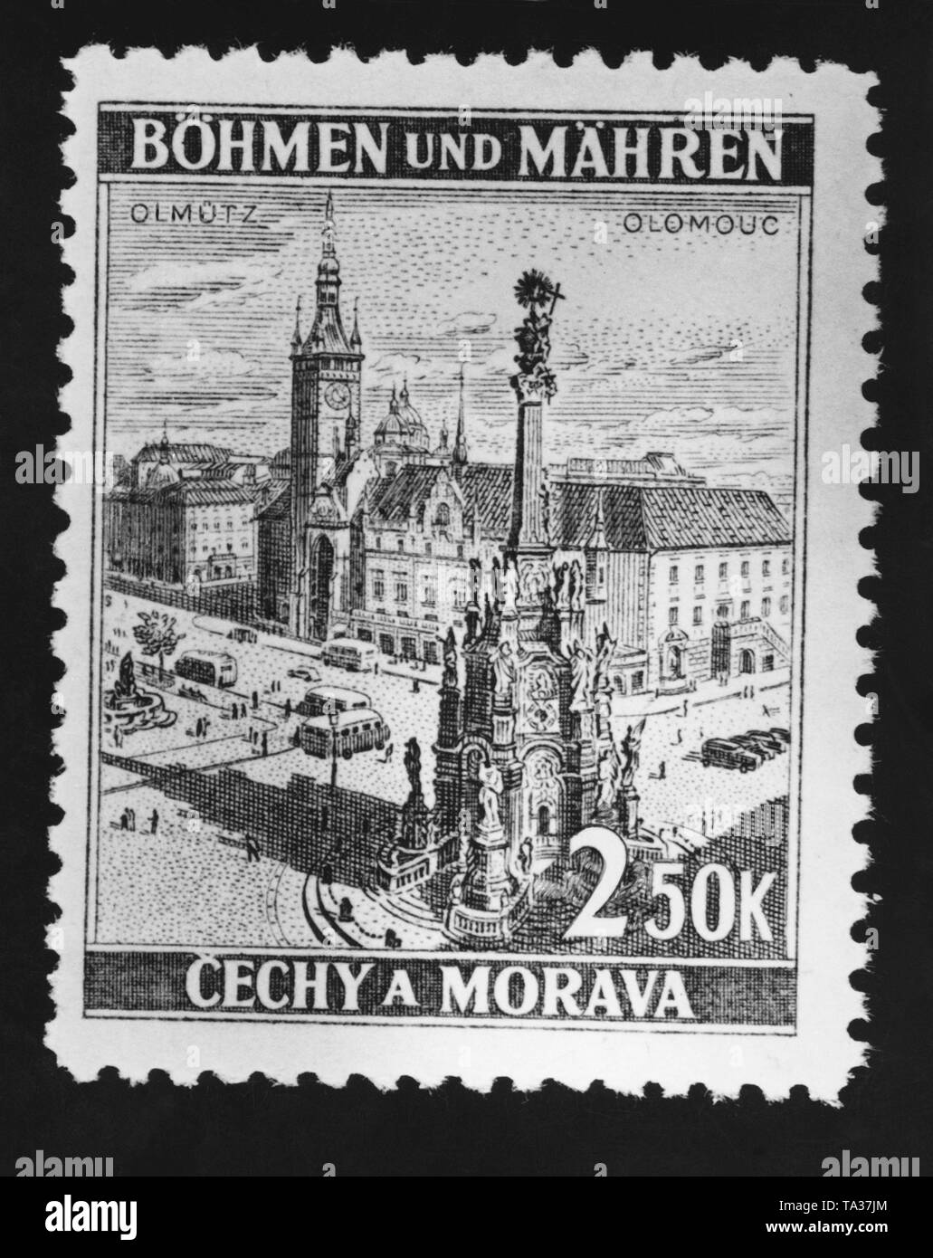 Stamp from the Protectorate of Bohemia and Moravia. The stamp depicts the city of Olomouc. Its value is 250 Czech korunas. Stock Photo