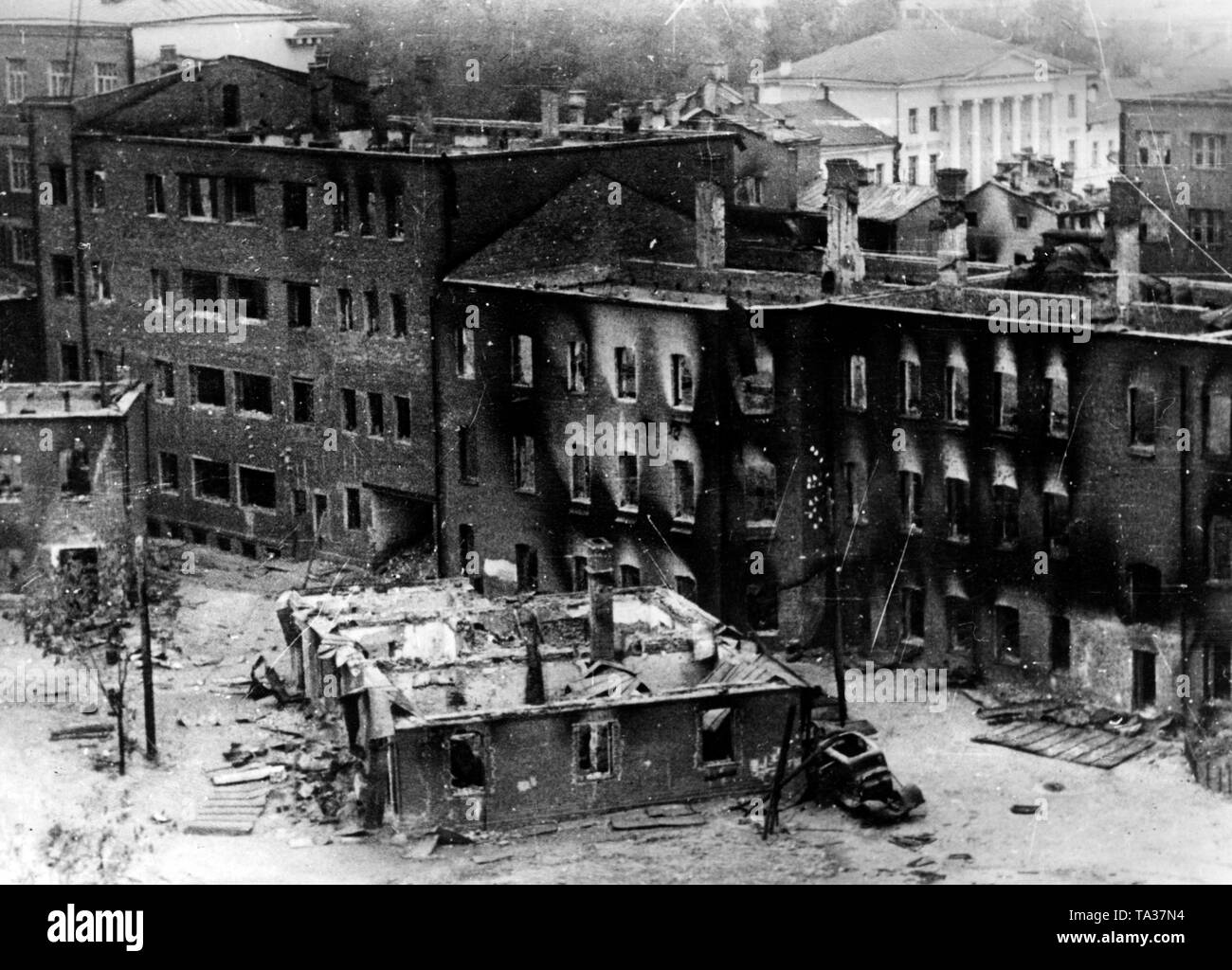 Burned-out ruins of houses in Smolensk, after the capture of the city by the Wehrmacht. Stock Photo