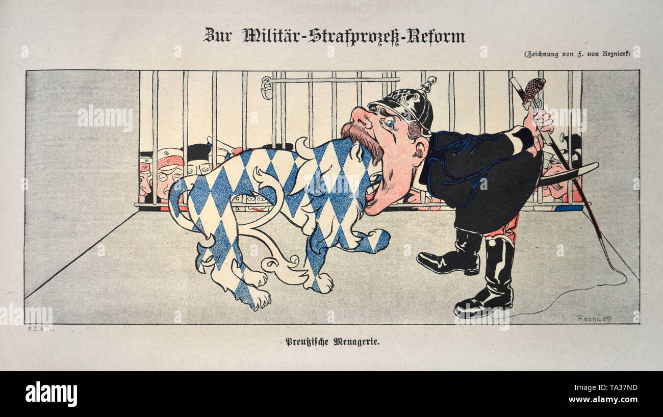 The drawing 'Zur Militaer-Strafprozess-Reform' (On the Military Penal Process Reform) by Ferdinand von Reznicek. Cartoon from the satirical magazine 'Simplicissimus', Volume 3, Issue no. 39, p. 309. A policeman eats the Bavarian Lion in a cage. Stock Photo
