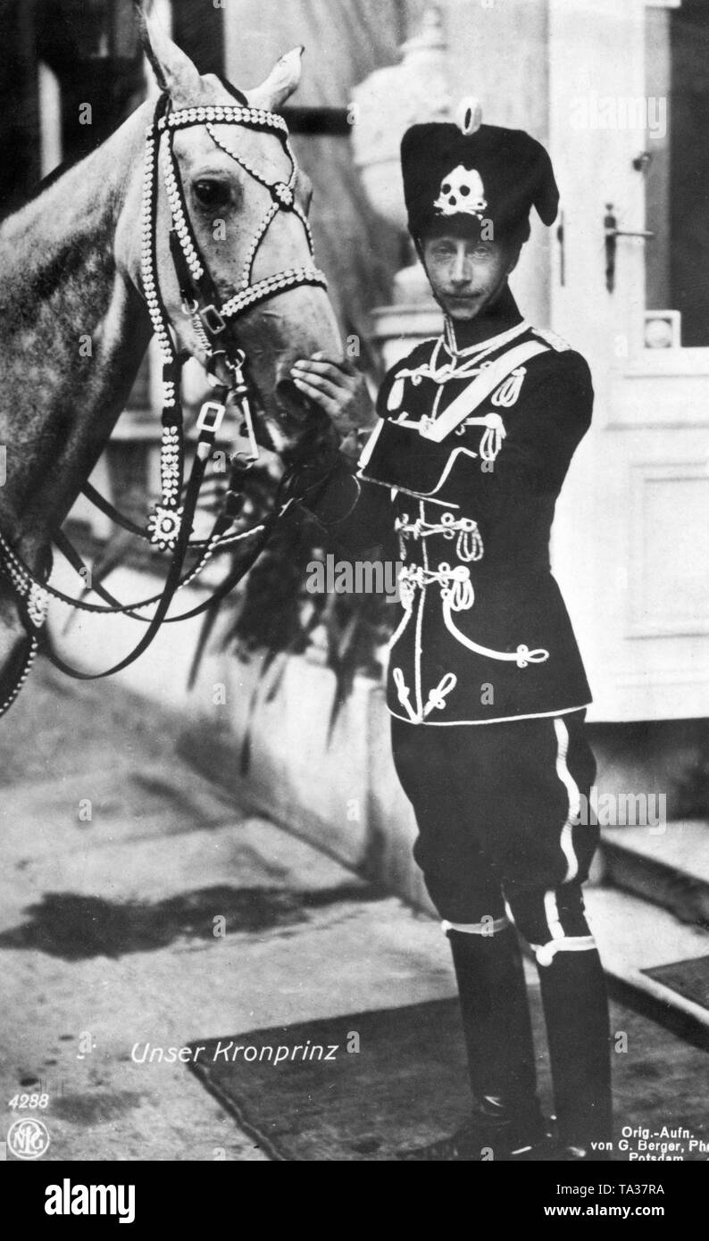 The crown prince in the uniform of the Totenkopfhusaren next to his horse. Stock Photo