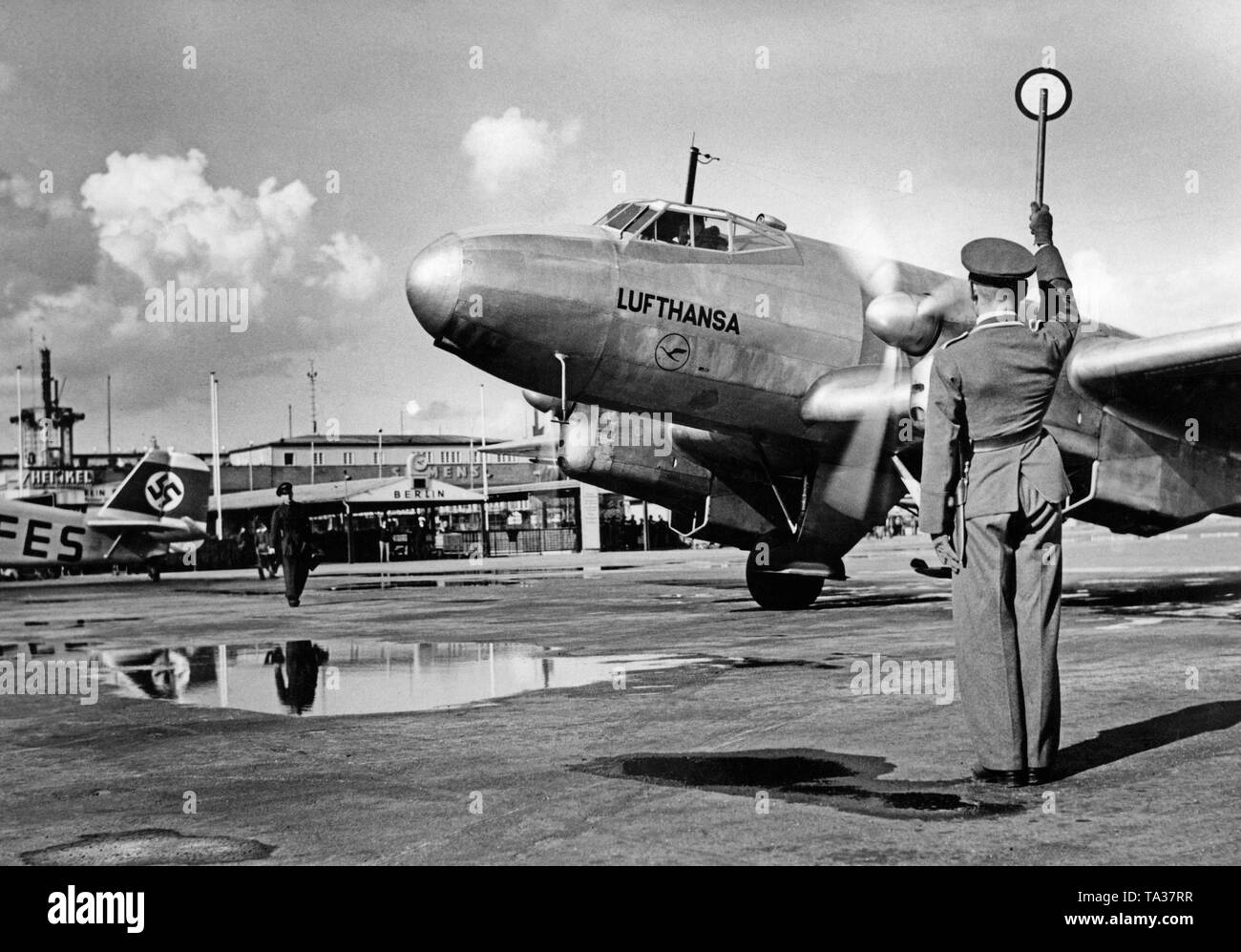 A Junkers Ju 86 B-1 of Lufthansa on the apron of the Berlin-Tempelhof airport. Stock Photo