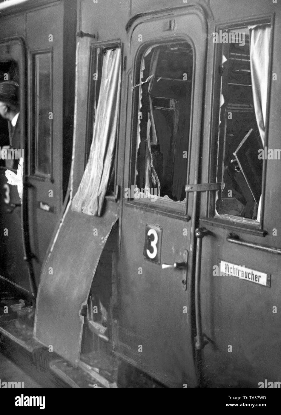 A car compartment of a suburban train, demolished by the communists, in which supporters of the SA Motor Sturm were sitting. Stock Photo