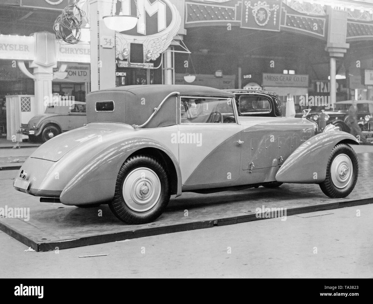 A streamlined cabriolet body on a Delage Straight Eight chassis, shown at the 1932 British International Motor Show. Stock Photo