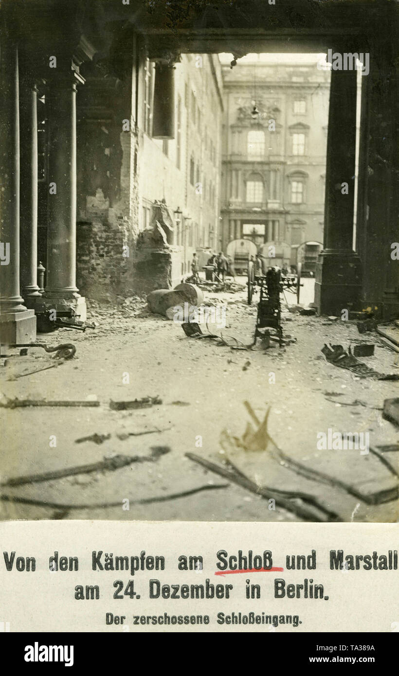 Destruction caused by the fighting and occupation in the entrance area of the Imperial Palace. Between the rubble still are artillery shells. The damage is caused by the fighting between government forces and members of the Volksmarinedivision. Stock Photo