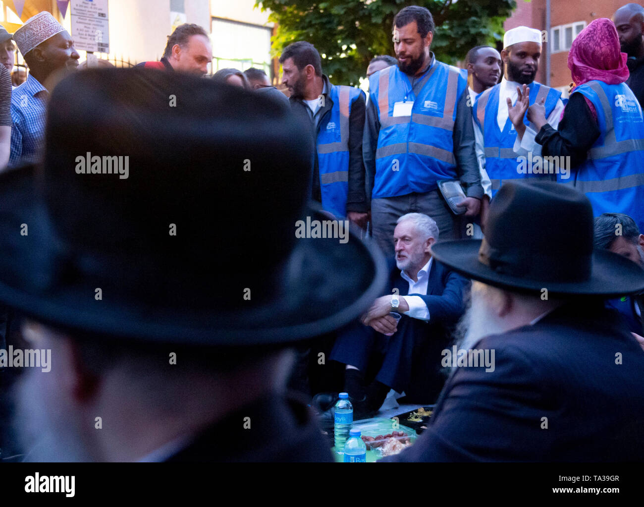 Labour Party leader Jeremy Corbyn joins a street iftar meal outside Finsbury Park Mosque in London, on the second anniversary of the Finsbury Park terrorist attack. Stock Photo