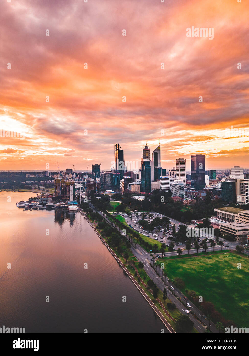 Aerial View of Perth CBD and the Swan River at Sunset, Western Australia, Australia Stock Photo
