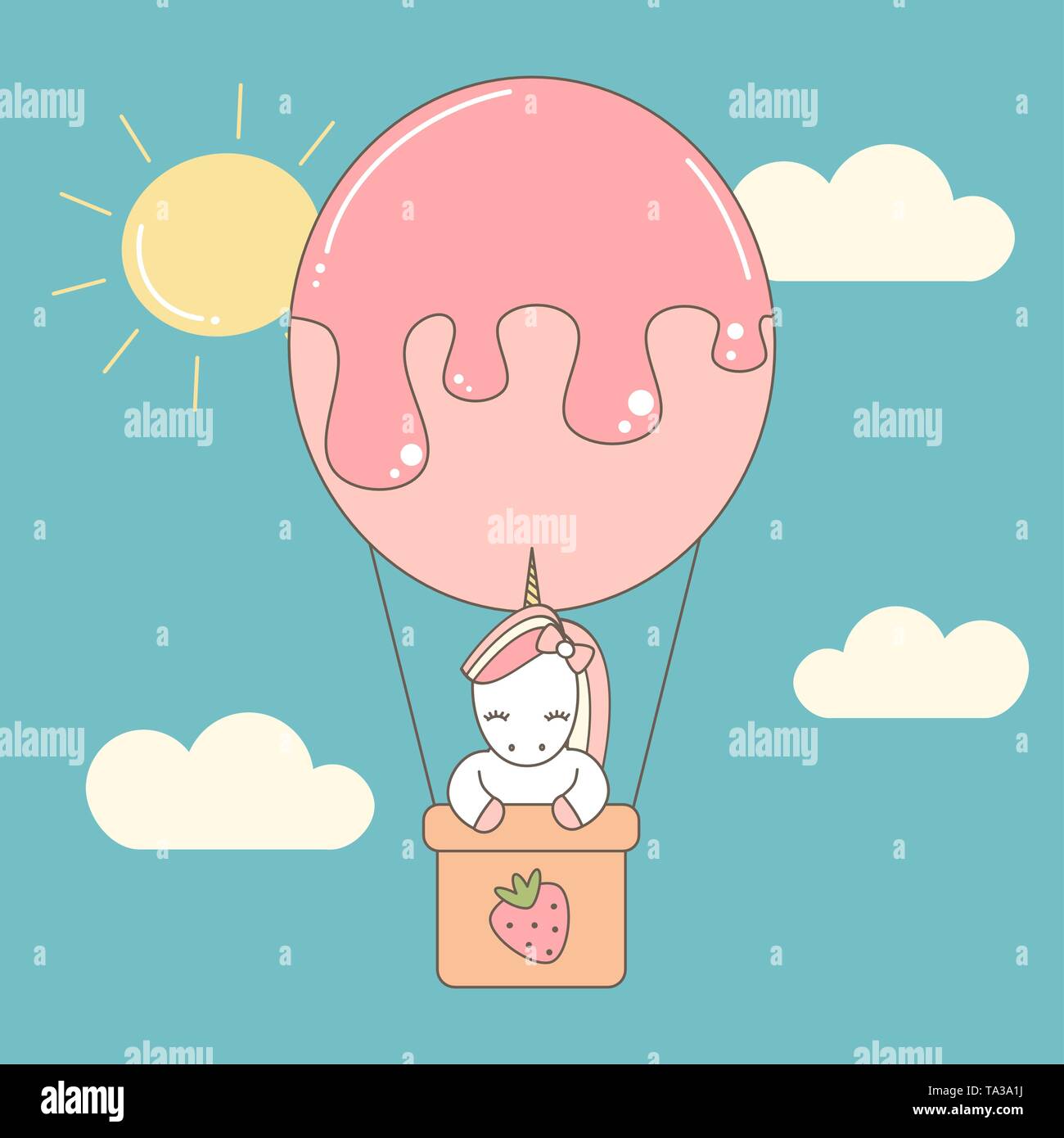 cute cartoon unicorn flying with air balloon in the sky vector flat ...