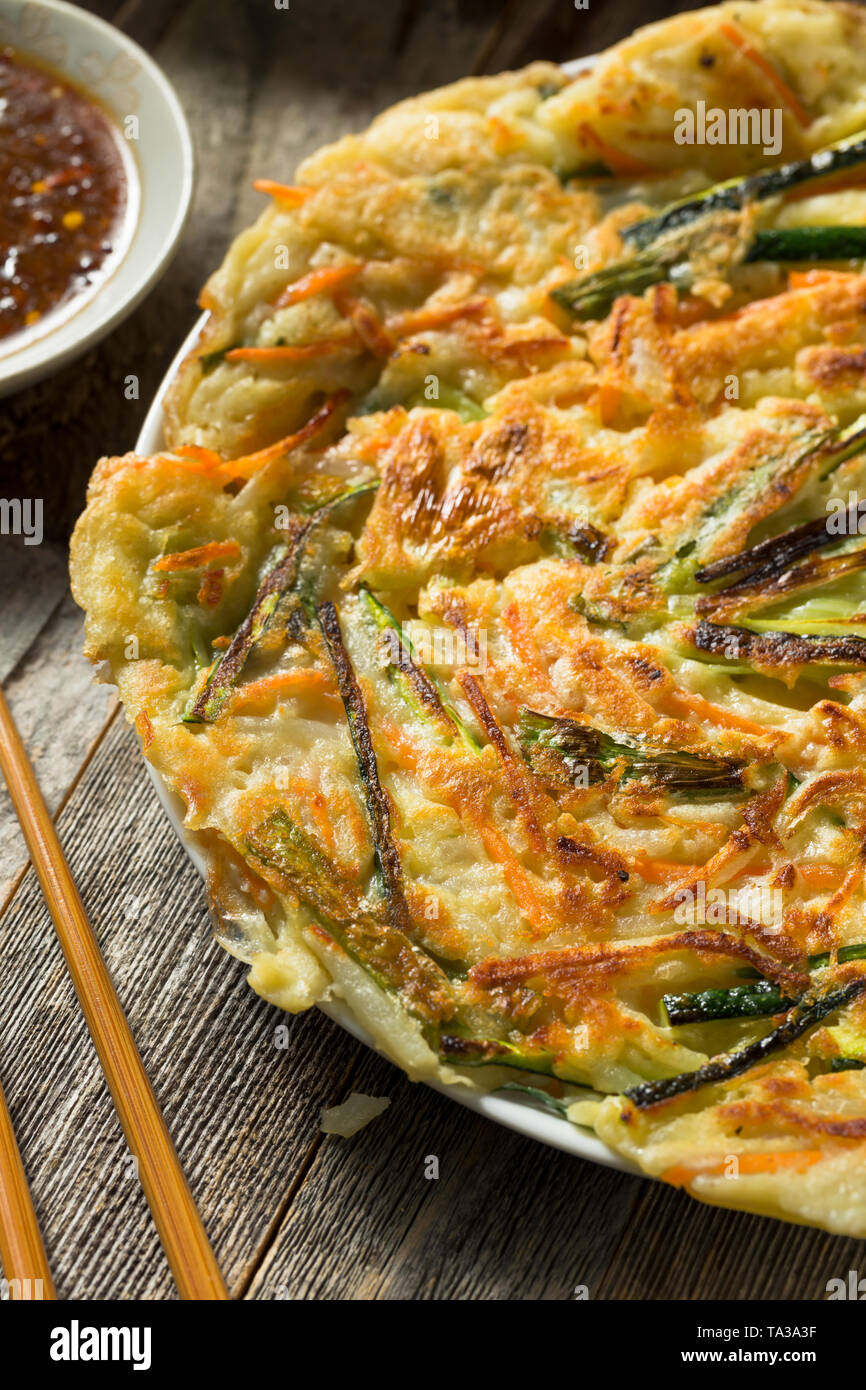 Homemade Korean Pajeon Scallion Pancakes with Dipping Sauce Stock Photo