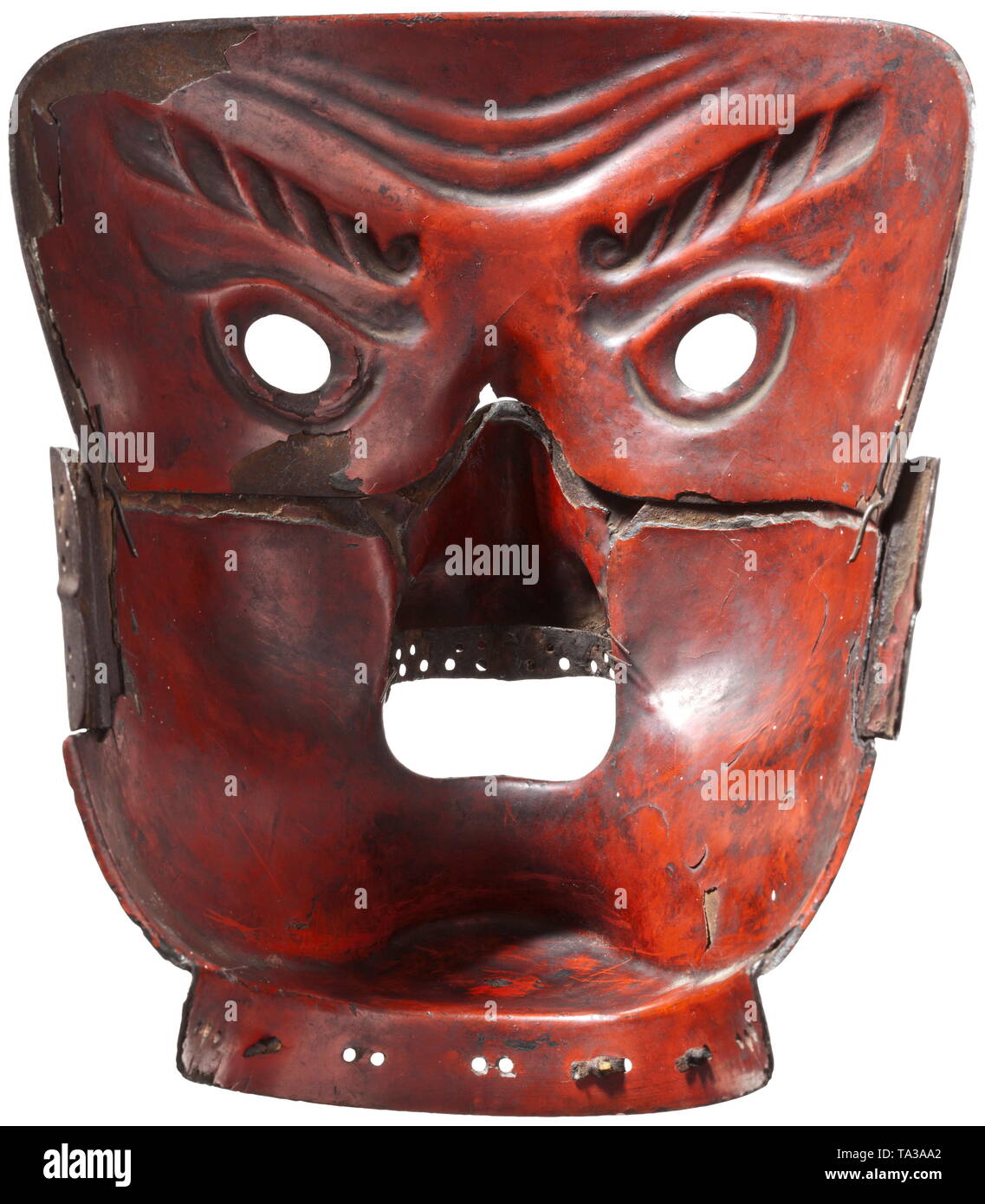 A Japanese somen, mid-Edo and Meiji period Iron, older mempo dating from the Edo period in heavy quality, circa 1750, with a forehead and nose guard added during the Meiji period. Exterior with even patina and partially slightly rubbed, the interior with damaged red lacquer. Height 22 cm. historic, historical, Japanese, Asian, Asia, Far East, object, objects, stills, clipping, clippings, cut out, cut-out, cut-outs, 18th century, Additional-Rights-Clearance-Info-Not-Available Stock Photo