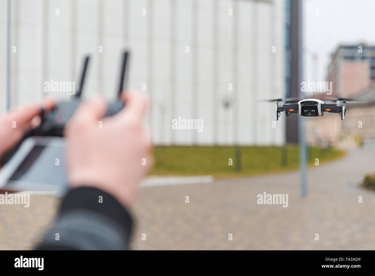 drone close up person hands holding controller. copy space Stock Photo