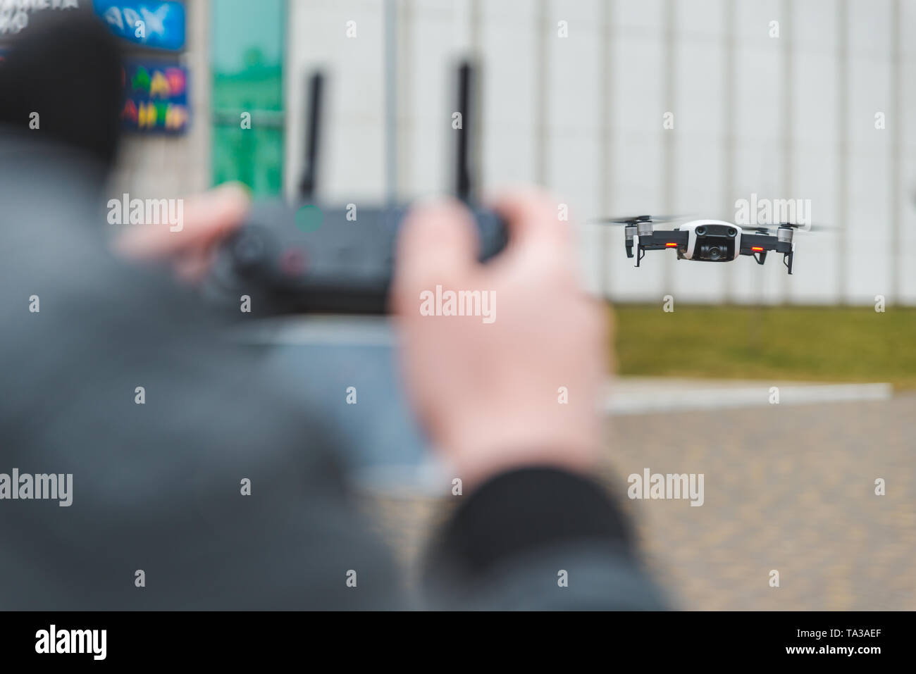 drone close up person hands holding controller. copy space Stock Photo