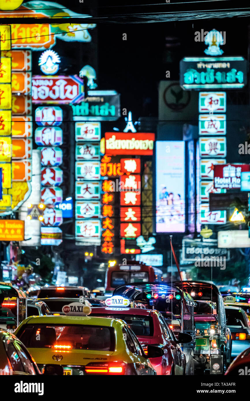 The Bright Neon Lights of Chinatown, Bangkok, Thailand Stock Photo