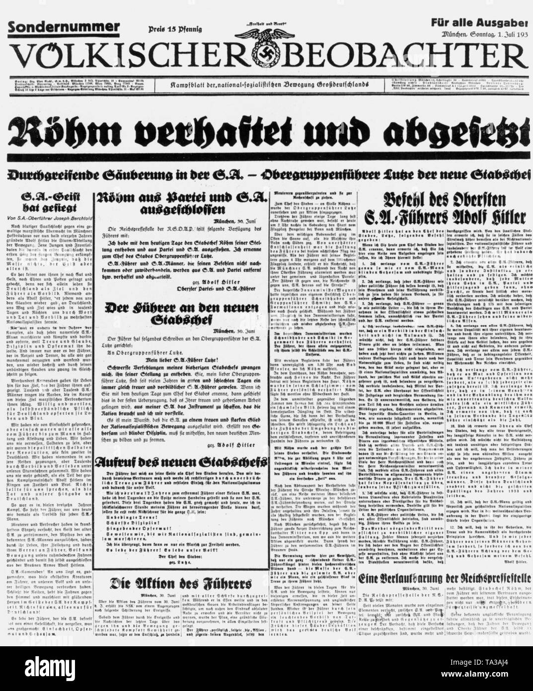 Special issue of the party newspaper of the NSDAP 'Voelkischer Beobachter' ('Kampfblatt der nationalsozialistischen Bewegung Grossdeutschlands' English: Fighting paper of the National Socialist movement of Greater Germany,) on Sunday, 01 July 1934, after the Roehm Putsch with the headline: 'Rohm arrested and discharged. Drastic cleansing in the SA - Obergruppenfuehrer Lutze is the new chief of staff. '. Stock Photo