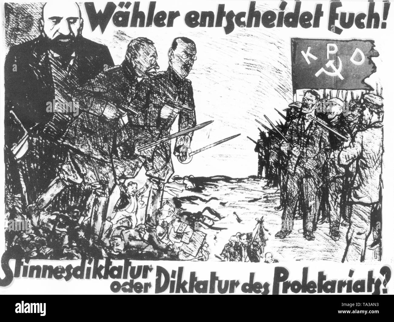 In the left half of the picture is the industrialist Hugo Stinnes, standing on corpses, who sends smiling, two uniformed men armed with guns and sabers, against a mass of armed men under the banner of the Communist Party. The sabers of the soldiers are dripping with blood. The election appeal is 'Voters you decide Stinnes dictatorship or dictatorship of the proletariat?' Stock Photo